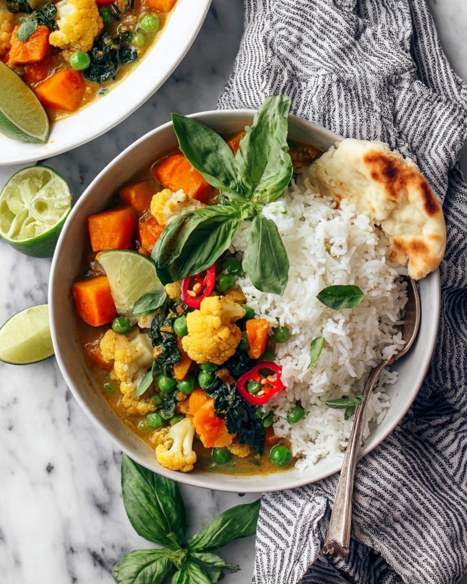 A white bowl filled about half with white rice on one side and a colorful vegetable curry on the other side, showing layers of orange chunks of squash, yellow cauliflower florets, green peas, and dark green spinach leaves, topped with fresh green basil leaves and slices of red chili, with a lime wedge resting on the rice and a piece of flatbread placed along the bowl’s edge. The bowl is placed on a white marbled surface, next to a white plate containing a similar vegetable curry with basil leaves on top, and a striped gray and white cloth is draped nearby. Photo taken with an iphone --ar 4:5 --v 7