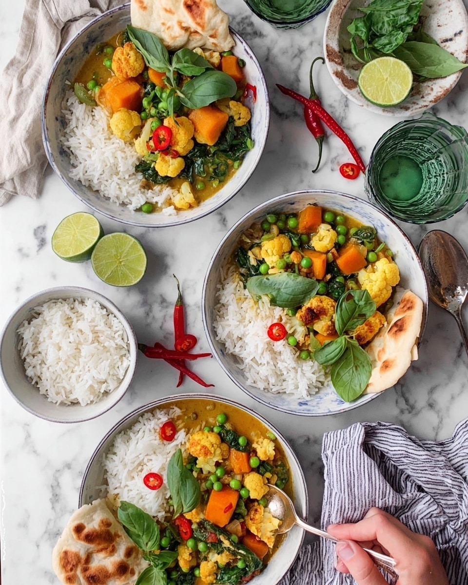 The image shows three bowls of food on a white marbled surface, each containing three main layers. The bottom layer is white rice with a soft and fluffy texture, placed on one side of each bowl. The middle layer consists of a mix of bright yellow cauliflower, orange chunks of squash, green peas, and fresh spinach, creating a colorful vegetable curry with a slightly creamy texture. The top layer is decorated with whole fresh green basil leaves and small slices of red chili peppers, adding a fresh and spicy touch. Each bowl also has pieces of flatbread tucked on one side, and one bowl has a lime wedge. Nearby, there is a small round white bowl filled with white rice and a spoon resting inside, three whole red chilies, two green glasses, and a striped cloth. A woman's hand is holding a spoon in one of the bowls. Photo taken with an iphone --ar 4:5 --v 7
