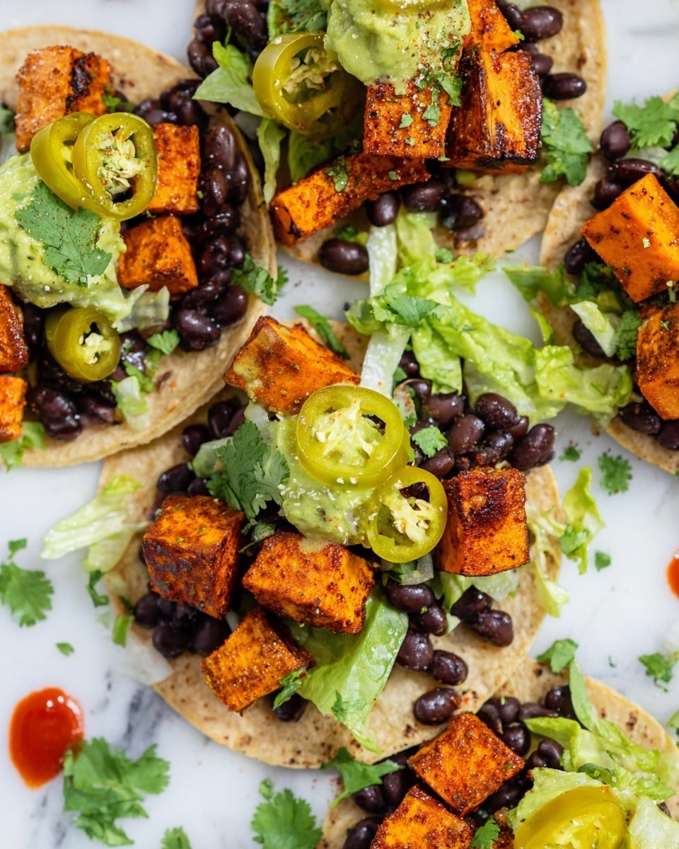 This image shows several small soft corn tortillas as the base, each topped with a layer of black beans scattered unevenly. On top of the beans, there are medium-sized chunks of orange roasted sweet potatoes with a slightly crispy texture and seasoning visible. Cubes of light green guacamole with hints of cilantro are placed on the sweet potatoes, along with pieces of pale green lettuce. Yellow-green jalapeño slices are added as a final layer on some tortillas. Small drops of red hot sauce and fresh cilantro leaves are sprinkled around and on the tacos, all set on a white marbled surface photo taken with an iphone --ar 4:5 --v 7