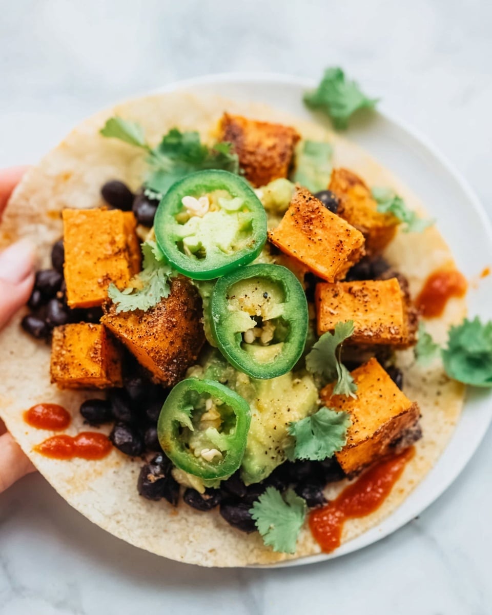 The image shows a close-up of a soft tortilla topped with several layers of food. The bottom layer has black beans with a slightly shiny texture. Above the beans, there are bright orange cubes of roasted sweet potato, sprinkled with seasoning. On top of the sweet potatoes, there are chunks of light green guacamole, with a creamy texture. A few slices of green jalapeno peppers with visible seeds are placed on top. Some small green cilantro leaves add color and decoration, and there is a bright red sauce drizzled lightly around the edges. The tortilla is on a white plate, set on a white marbled surface. A woman's hand is holding the edge of the tortilla slightly on the left side. Photo taken with an iphone --ar 4:5 --v 7