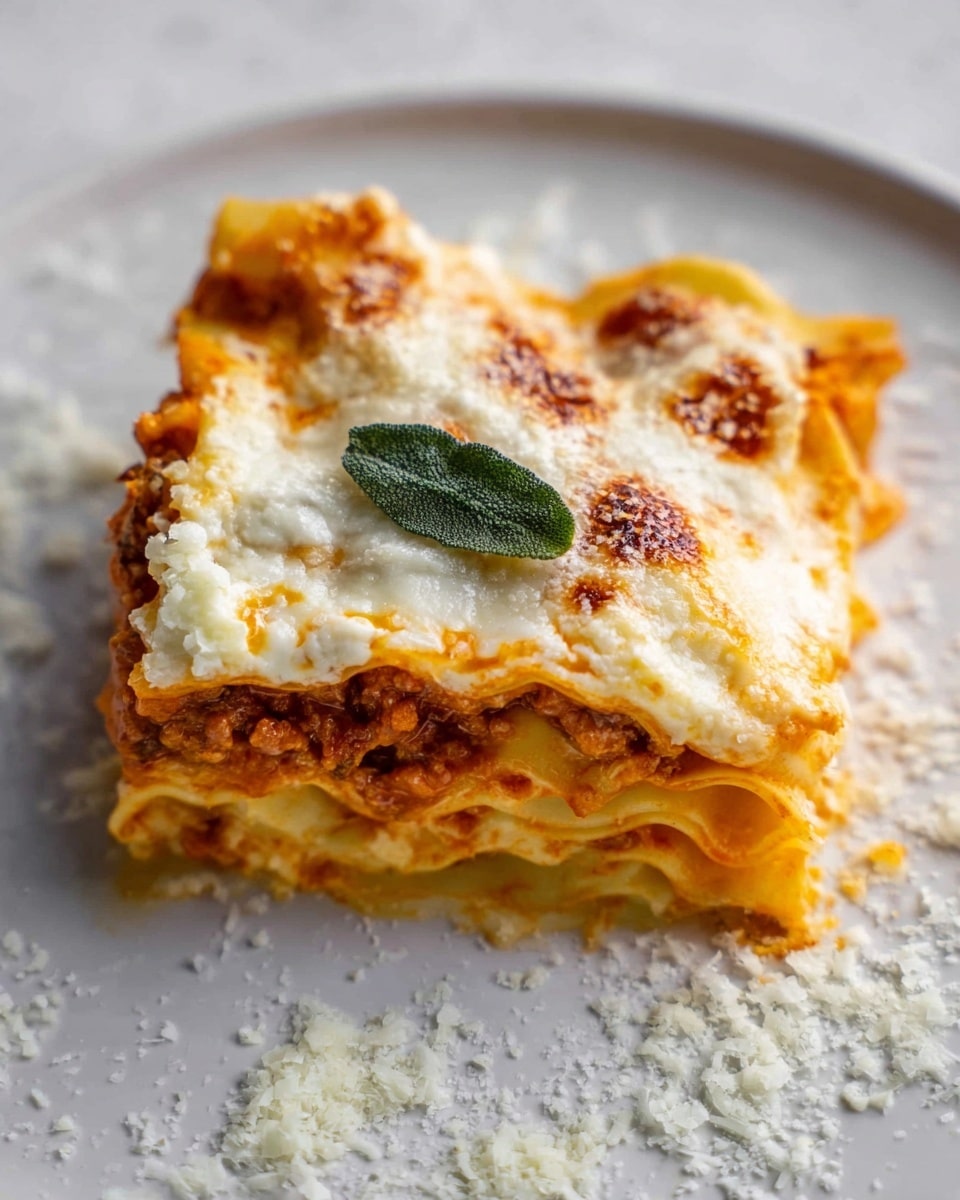 A single piece of lasagna sits on a white plate with a white marbled texture background, showing five visible layers. The bottom layer is soft pasta in pale yellow, topped with a thick orange-red sauce layer with small meat bits. Above this is another pasta layer, then a creamy white cheese layer browned in spots. The top is pale melted cheese with browned bubbles and a small green sage leaf garnish. White grated cheese is sprinkled around the plate, adding texture and softness to the scene. Photo taken with an iphone --ar 4:5 --v 7