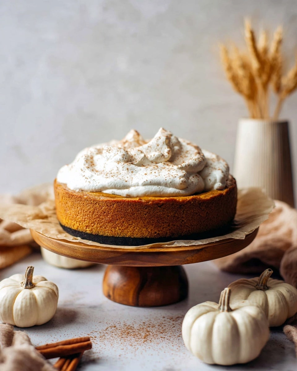 A single-layer, round pumpkin pie with a deep golden-brown crust sits on a small wooden stand lined with parchment paper. The pie is topped with a thick, fluffy layer of white whipped cream, sprinkled lightly with cinnamon powder. The pie and stand are placed on a white marbled surface, surrounded by small white pumpkins and cinnamon sticks. In the background, a blurred small vase with dried wheat adds a warm, cozy touch. Photo taken with an iphone --ar 4:5 --v 7