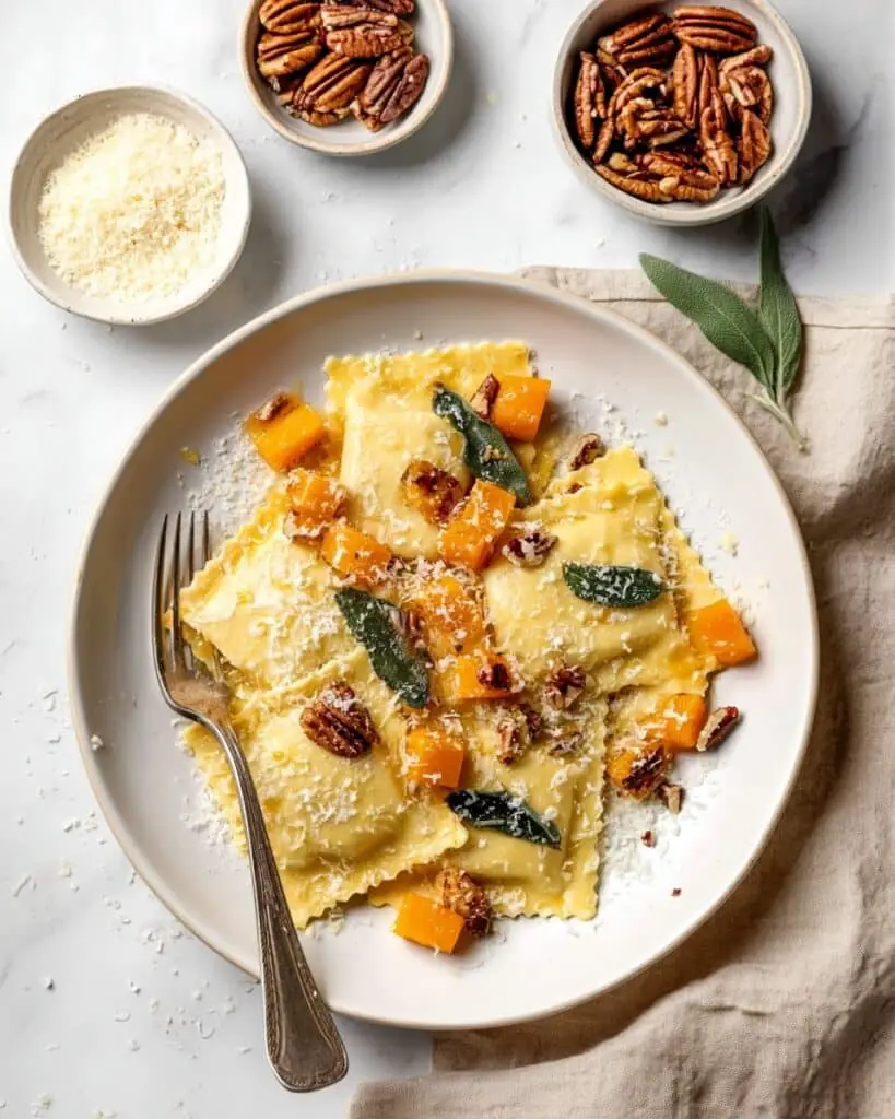 Pumpkin Ravioli with Sage Brown Butter and Pecans Recipe