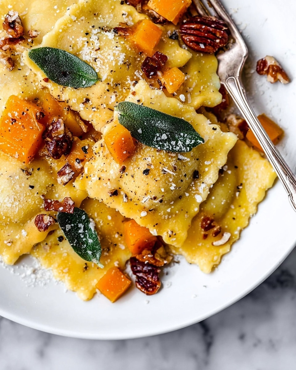 The image shows a close-up of a white plate filled with square ravioli pasta that has a soft yellow color and slightly crinkled edges. On top of and around the ravioli, there are small cubes of bright orange butternut squash, whole and chopped pecans with a dark brown color, and a few green sage leaves. The dish is sprinkled with finely grated white cheese and ground black pepper, adding texture and contrast. A silver fork is placed on the edge of the plate, partially resting on the food. The background is a white marbled surface. photo taken with an iphone --ar 4:5 --v 7
