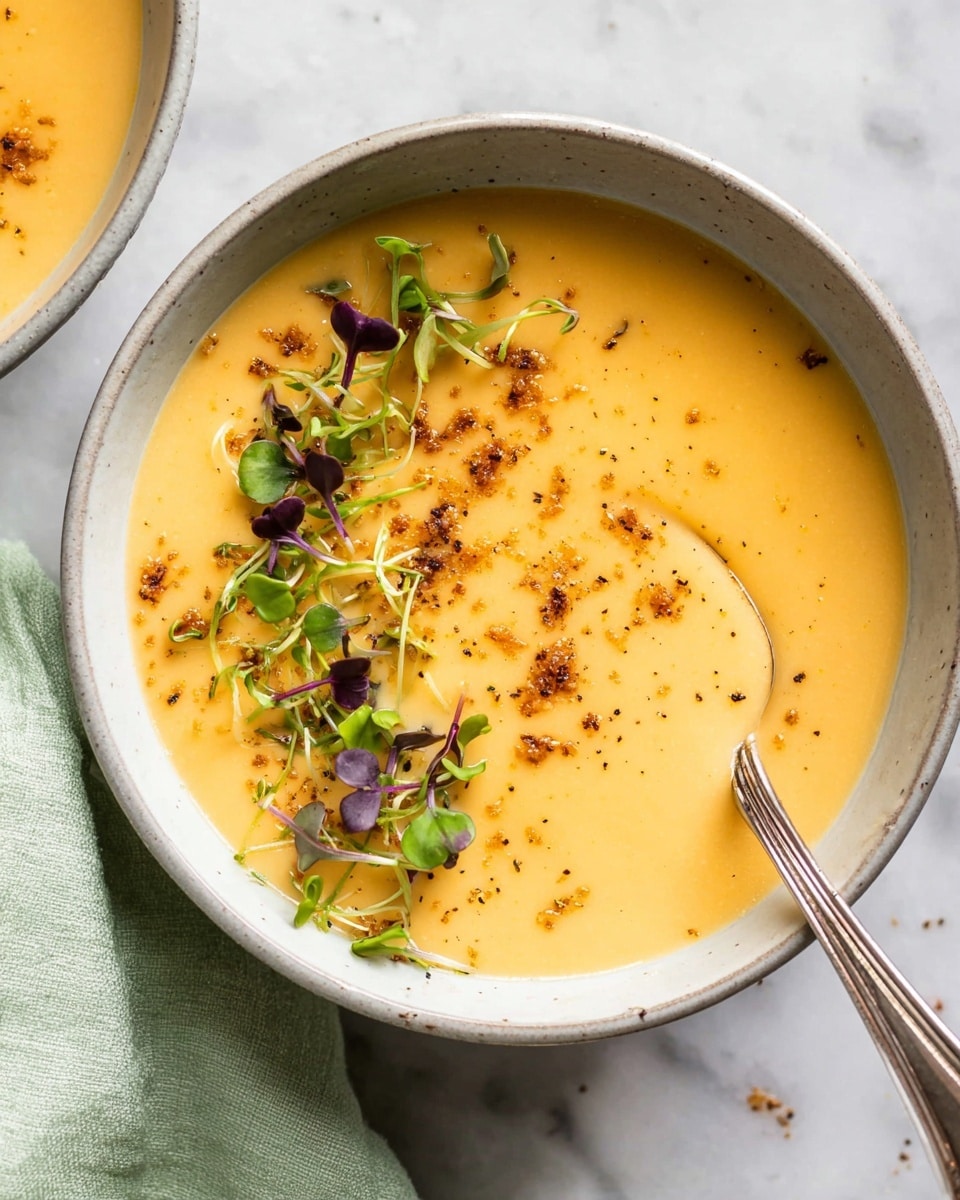 The image shows a white bowl filled with creamy, light orange-yellow soup that has a smooth texture. On top of the soup, there are small green and purple microgreens scattered, along with some small brown crunchy bits sprinkled evenly. A silver spoon is inside the bowl, slightly dipping into the soup on the right side. The bowl is placed on a white marbled surface with a soft green cloth next to it. In the background, there is another white bowl with the same soup and toppings, slightly out of focus. Photo taken with an iphone --ar 4:5 --v 7