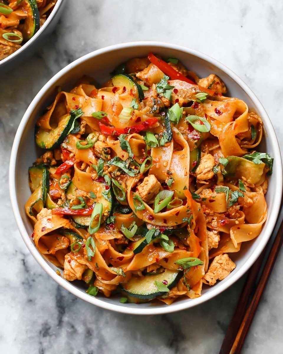 A white bowl filled with wide, flat orange noodles mixed with small pieces of cooked light brown chicken and vegetables including sliced green zucchini, red and green bell pepper strips, and chopped green onions. The dish is garnished with flakes of red chili and fresh green herbs, giving it a colorful and fresh look. The bowl is placed on a white marbled surface with a pair of wooden chopsticks beside it photo taken with an iphone --ar 4:5 --v 7