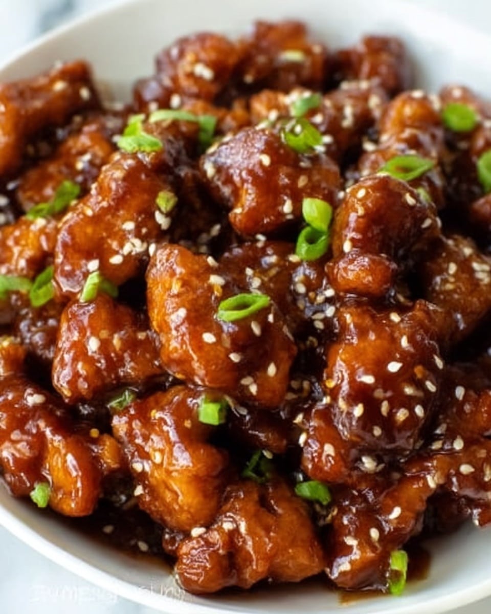 A close-up view of bite-sized chicken pieces covered in a shiny, thick dark brown sauce, placed in a white bowl. The chicken looks tender with a mix of smooth and slightly crispy textures. Small white sesame seeds and chopped green onions are scattered on top, adding contrast and freshness. The background is a white marbled surface. Photo taken with an iphone --ar 4:5 --v 7