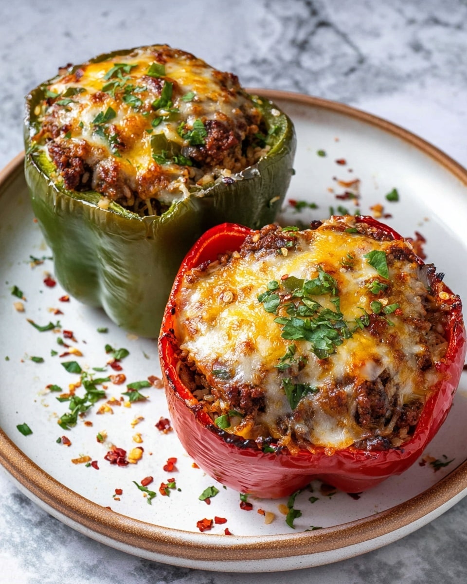 Two stuffed bell peppers sit on a white plate with a brown rim, placed on a white marbled surface. One pepper is green and the other is red. Each pepper is filled with a mix of cooked ground meat and rice, topped with melted golden-brown cheese that is sprinkled with small green herb pieces and red chili flakes. The filling slightly overflows the edges of the peppers. Some chopped herbs and red flakes are scattered lightly around the plate. Photo taken with an iphone --ar 4:5 --v 7