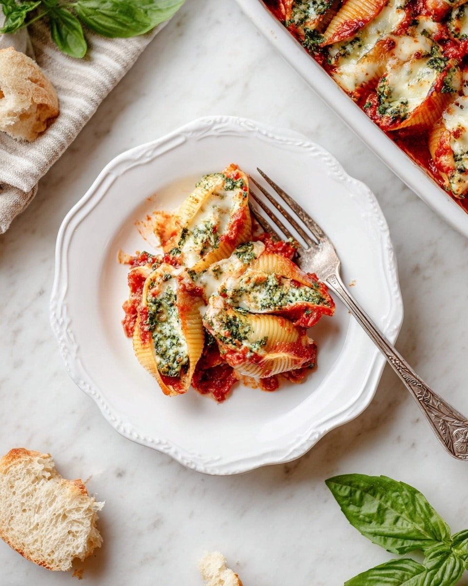The dish shows a white scalloped plate with a portion of pasta shells stuffed with a layered mix of red tomato sauce, melted white cheese, and green spinach pesto, all slightly browned and bubbly on top. The pasta shells are full and stacked with the sauce and cheese visibly oozing from the edges. A vintage fork rests next to the pasta on the right side of the plate. Fresh green basil leaves are placed on the white marbled surface near the plate, along with small pieces of torn bread. A white baking dish with more stuffed pasta shells covered in the same colorful sauce and cheese is partially visible in the top right corner. Photo taken with an iphone --ar 4:5 --v 7