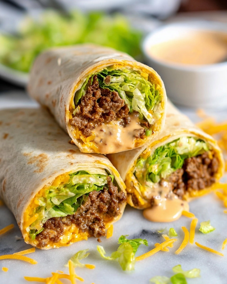 Three wrapped burritos are stacked on a white marbled surface, each cut to show four visible layers inside. The outer layer is a light beige tortilla wrap, soft and smooth. Inside the first layer is bright orange shredded cheese, melted and packed tightly at the bottom. Above the cheese is a layer of cooked brown ground beef with a slightly crumbly texture. The next layer is fresh green lettuce, slightly crunchy, filling most of the middle and top part of the burrito. Finally, creamy, light orange sauce is spread inside, seen both melted on the beef and some dripping near the lettuce. Small bits of shredded lettuce and cheese are scattered around the burritos, and a white bowl with sauce is blurred in the background. photo taken with an iphone --ar 4:5 --v 7