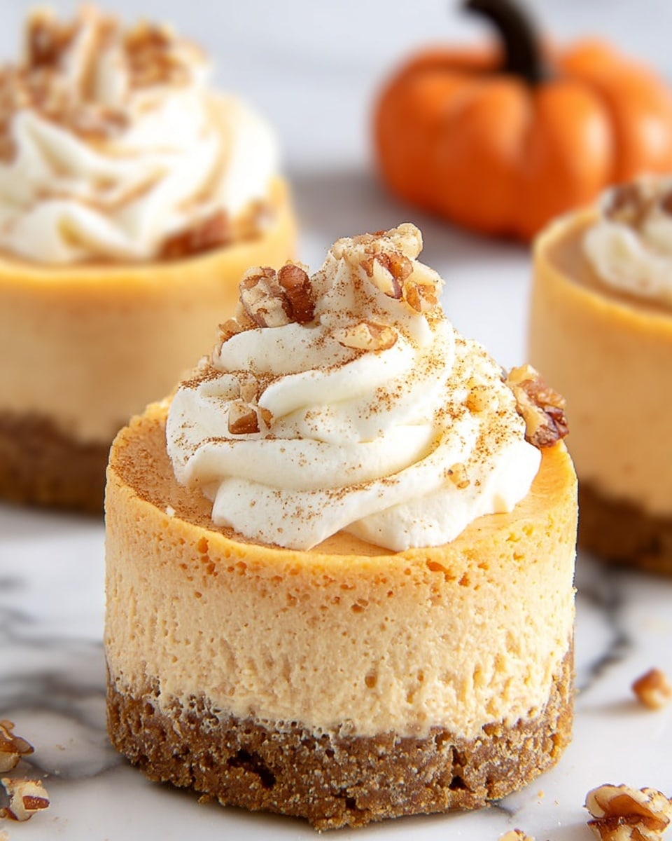The image shows two small round cakes placed on a white marbled surface. Each cake has three layers: a bottom crumbly brown crust, a thick middle layer of smooth light orange filling, and a fluffy white whipped cream swirl on top. The whipped cream is sprinkled with small pieces of brown nuts and a fine dusting of brown powder. There is a small orange pumpkin-shaped decoration in the background. Photo taken with an iphone --ar 4:5 --v 7
