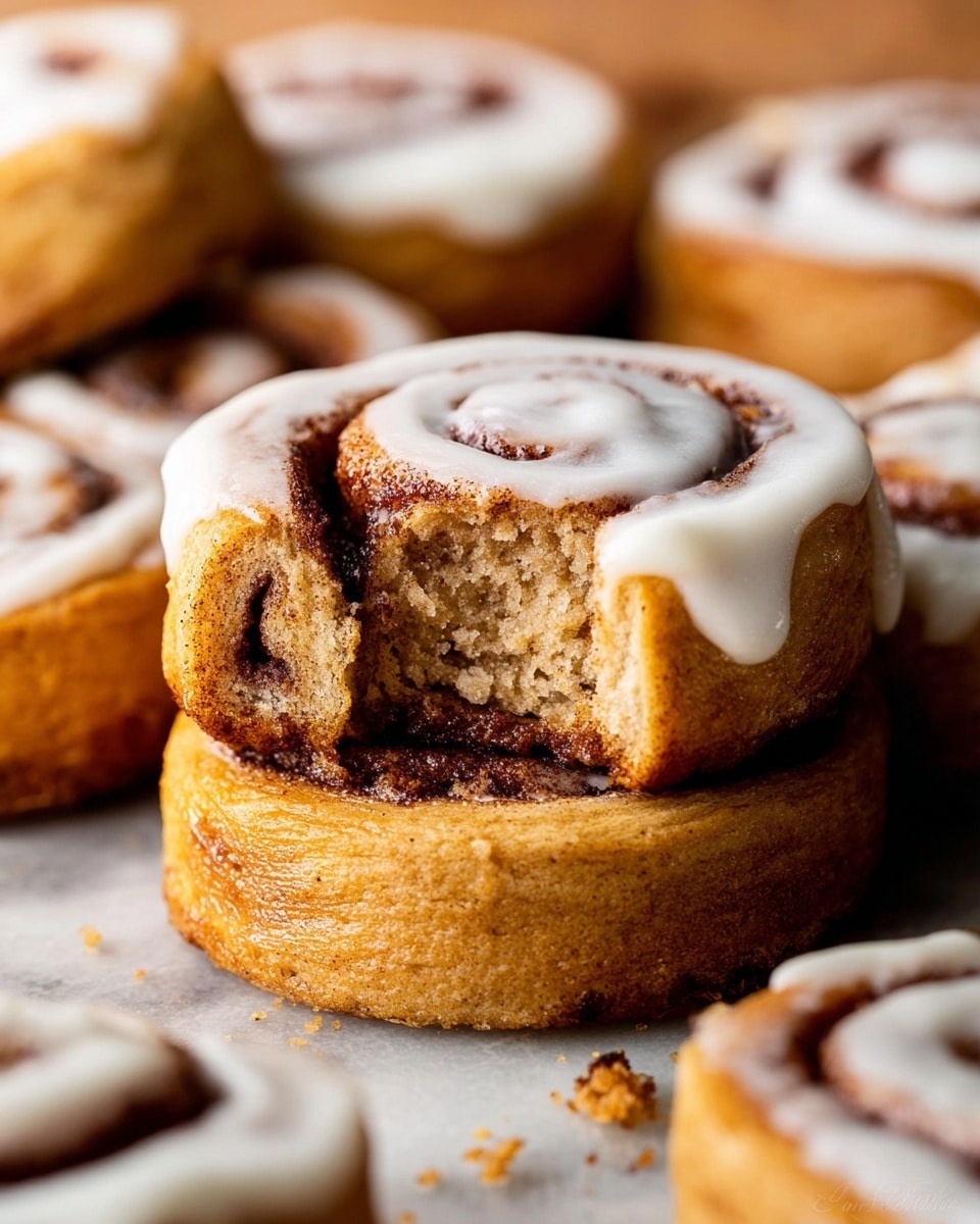 The image shows several small cinnamon rolls placed close together. Each roll has two visible layers: a light brown dough layer and a dark cinnamon spice layer in a spiral pattern. All the rolls are drizzled with a light beige icing that looks smooth and slightly shiny, running unevenly across the top and sides. The rolls have a soft, slightly textured surface with some sugar crystals visible. They rest on a white marbled surface. photo taken with an iphone --ar 4:5 --v 7