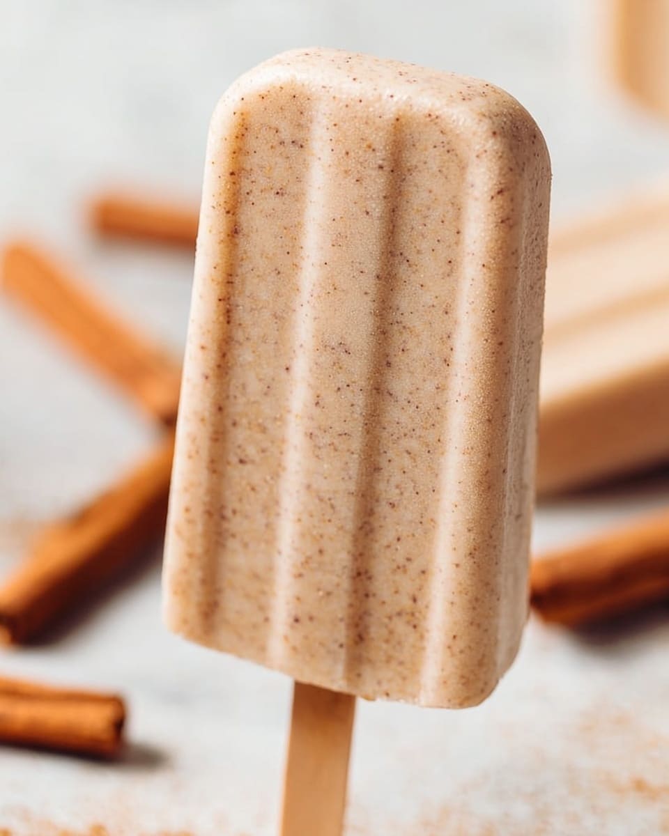 The image shows a close-up of a light brown popsicle with a smooth, slightly speckled texture on the surface. The popsicle is held upright by a wooden stick, with a blurry background featuring cinnamon sticks lying on a white marbled surface. The colors of the popsicle range from light beige to soft brown, indicating a creamy frozen treat. Photo taken with an iphone --ar 4:5 --v 7