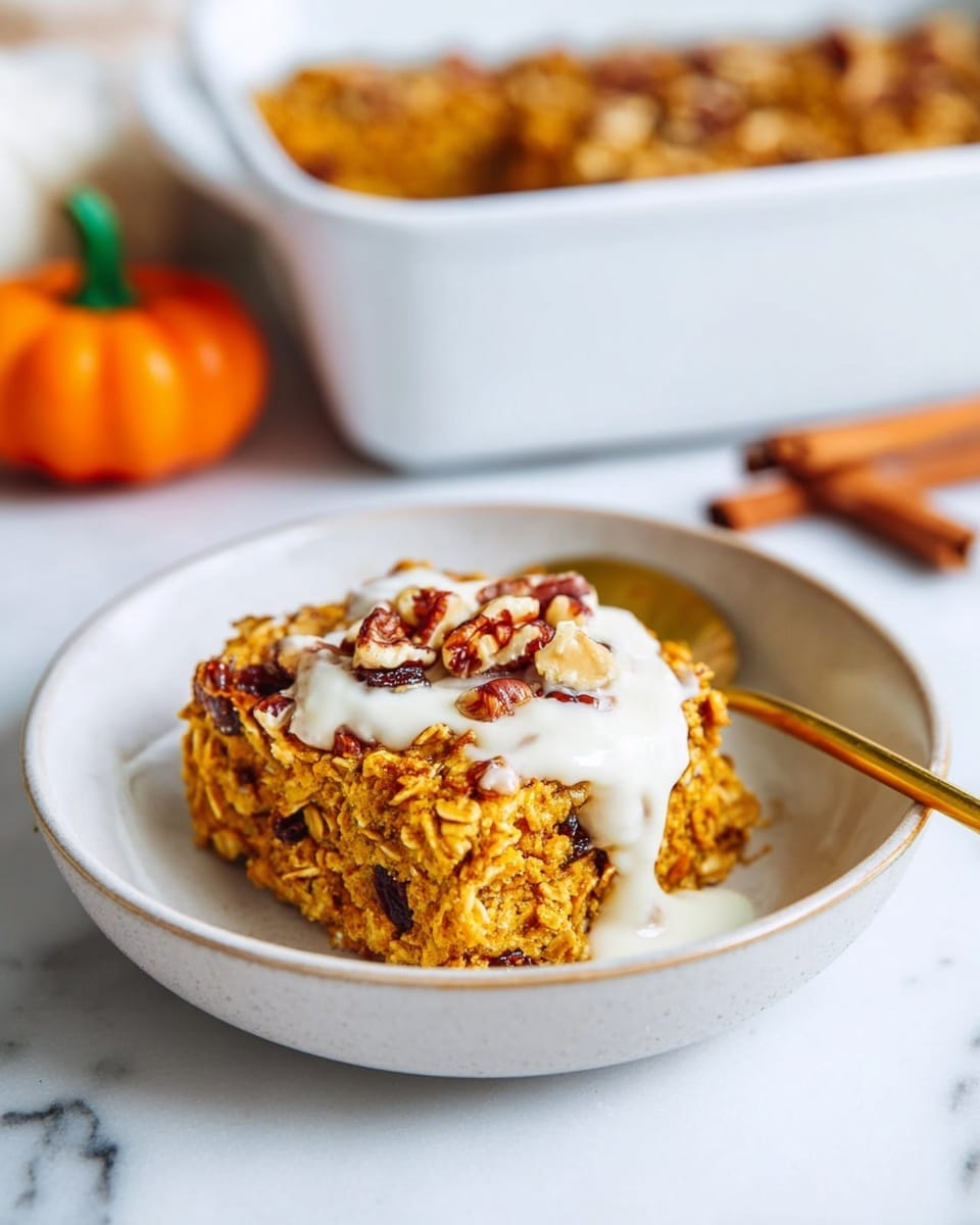 The image shows a white bowl with one square piece of baked oatmeal that has a golden orange color and a dense, slightly rough texture with visible oats and raisins inside. On top of the oatmeal, there is a dollop of white creamy sauce sprinkled with small chunks of light brown nuts. A gold spoon is placed inside the bowl on the right side, partially under the oatmeal, and a white marbled surface is underneath the bowl. In the background, there is a white baking dish with more of the same oatmeal and out-of-focus cinnamon sticks along with a pumpkin decoration. Photo taken with an iphone --ar 4:5 --v 7