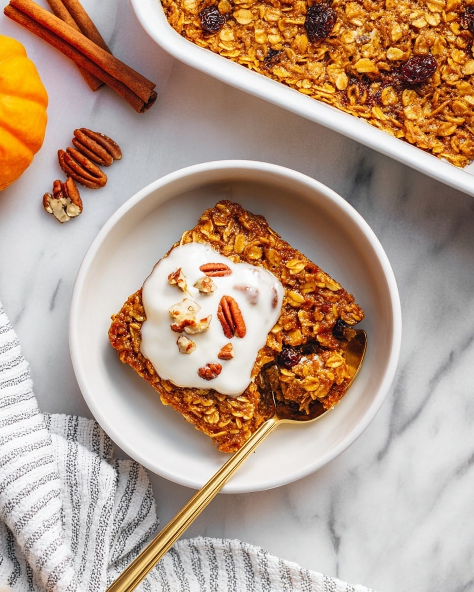 A square piece of golden-brown baked oatmeal with visible oats, raisins, and pecans sits in the middle of a white bowl on a white marbled surface. The oatmeal is topped with a dollop of white cream sprinkled with small pecan pieces. A gold spoon holding a scoop of the oatmeal and cream rests inside the bowl at the right side. Nearby, a white rectangular baking dish filled with more oatmeal is partially visible in the top right corner. Two cinnamon sticks and chopped pecans lie on the white marbled surface in the top left corner, next to an orange object. A striped white and gray cloth is placed near the bottom right corner. photo taken with an iphone --ar 4:5 --v 7