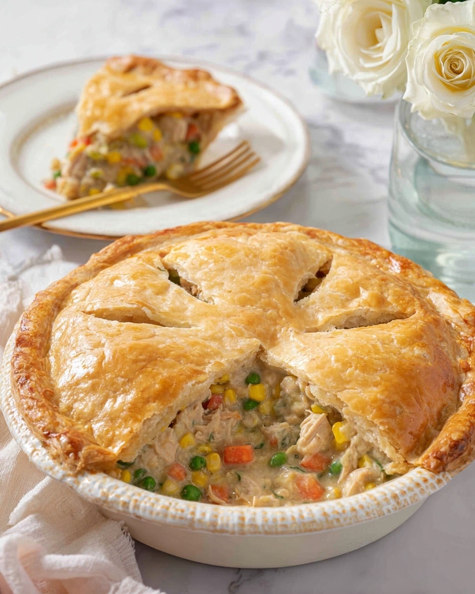 A slice of golden brown pie with a flaky crust sits on a white plate decorated with blue flowers and fruit patterns, showing a thick filling of light beige filling mingled with small pieces of orange carrots and corn, topped by a slightly puffed crust. Above, half a pie with a similar crust rests in a white pie dish with small round bumps along its edge, the pie surface scored with slits. To the right, a clear glass filled with a pale drink sits on a white marbled surface alongside two cream-colored roses, while a gold fork lies next to the pie slice on a pale pink cloth. Photo taken with an iphone --ar 4:5 --v 7