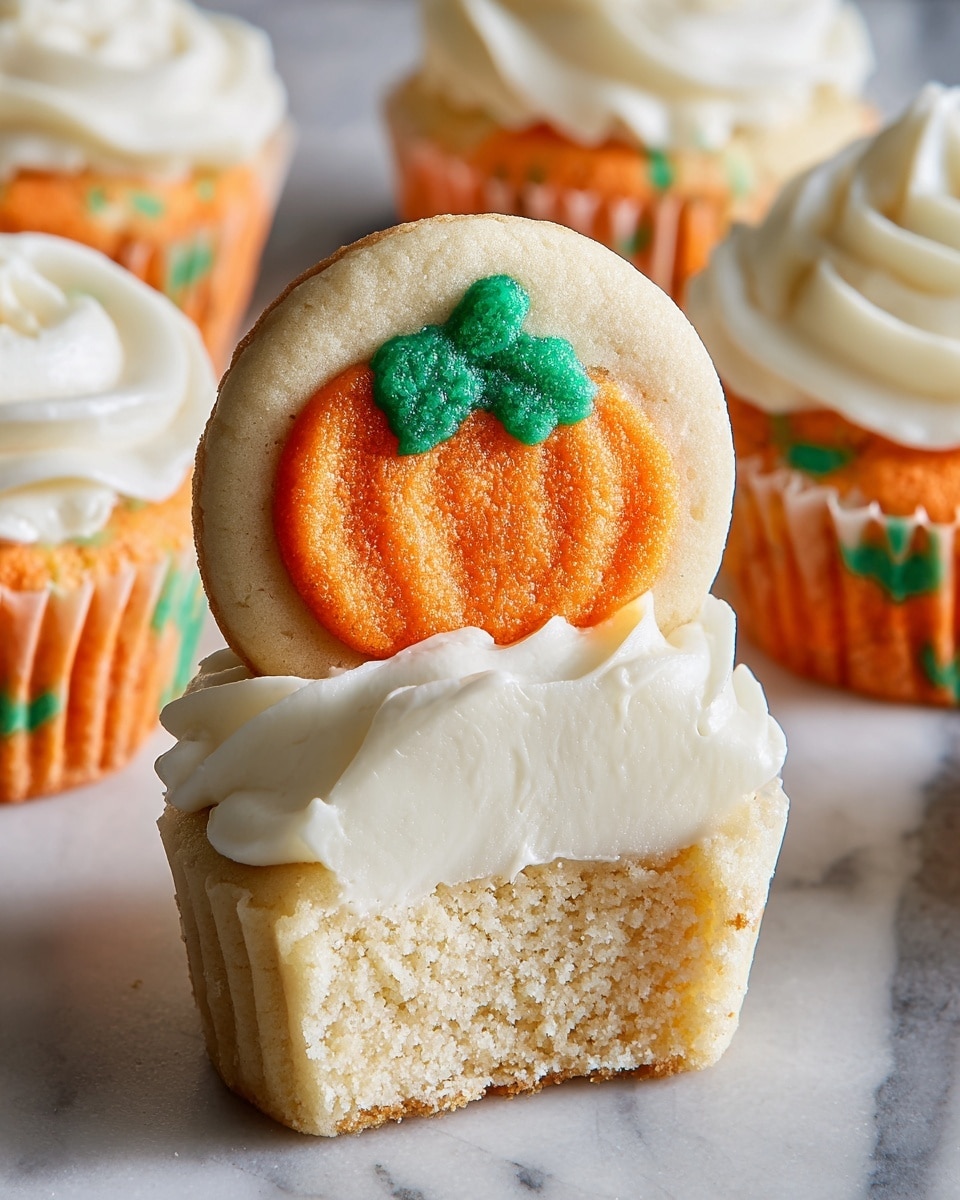 The image shows a dessert with a pumpkin-themed cookie placed upright as the top layer, featuring an orange pumpkin with green leaves on a light beige round cookie. Below the cookie is a thick, creamy white frosting layer that looks smooth and soft. Under the frosting is a layer of dense, light-colored cake that sits on a bottom cookie layer matching the pumpkin-themed cookie in color, orange with some green spots. In the background, there are similar desserts in white cupcake liners with white whipped frosting peaks beneath the pumpkin cookies. All items are placed on a white marbled surface. Photo taken with an iphone --ar 4:5 --v 7