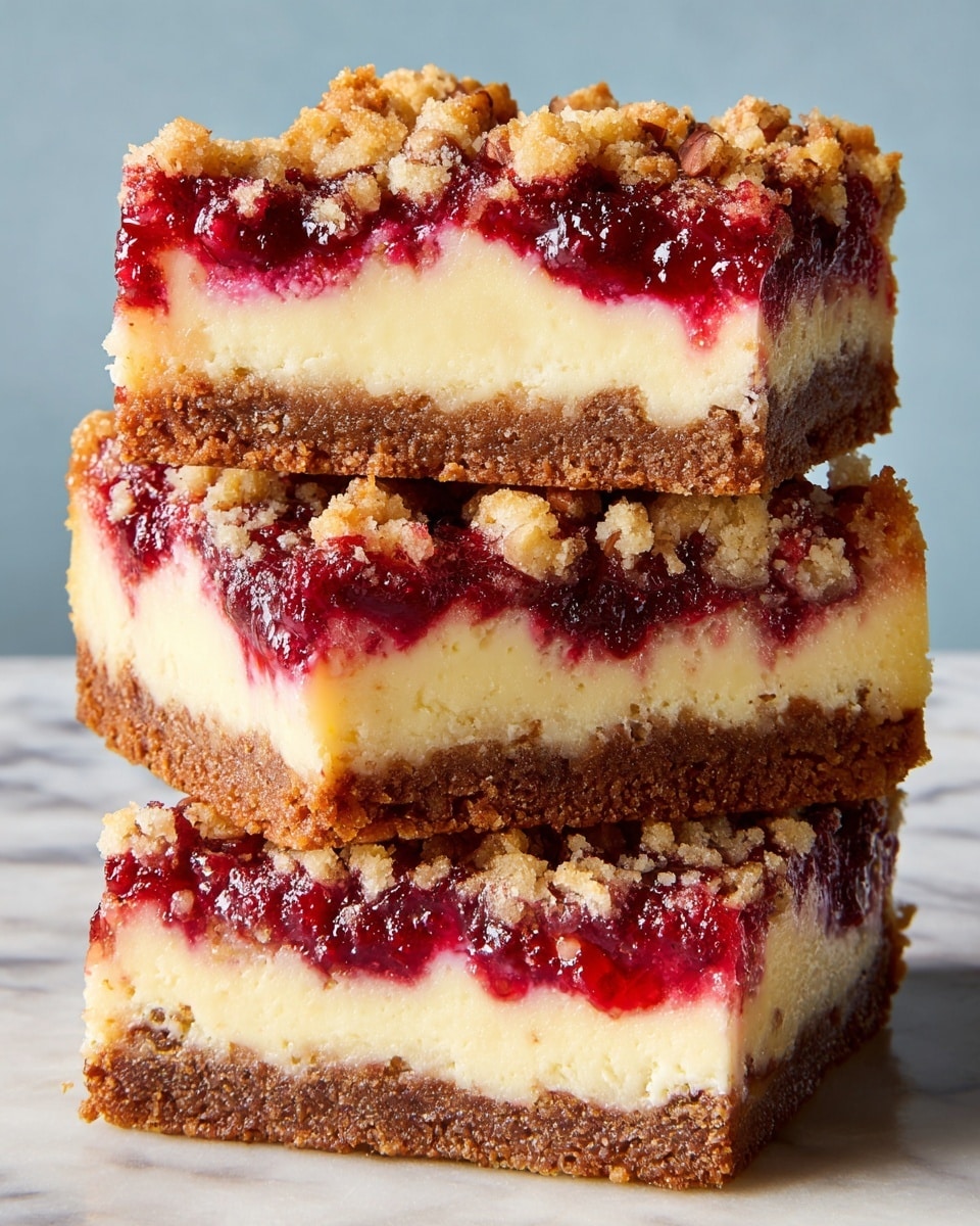 The image shows several square dessert bars arranged closely on a white marbled surface. Each bar has three visible layers: the bottom layer is a light tan crust with a smooth texture, the middle layer is a rich dark red fruit filling that looks thick and glossy, and the top layer is a crumbly golden brown streusel with small nut pieces scattered throughout. One bar in the center is slightly tilted, revealing the thickness and contrast of the layers, and small crumbs are scattered around the bars, adding texture to the scene. The overall look is warm and inviting, highlighting the mix of crunchy and smooth elements. photo taken with an iphone --ar 4:5 --v 7