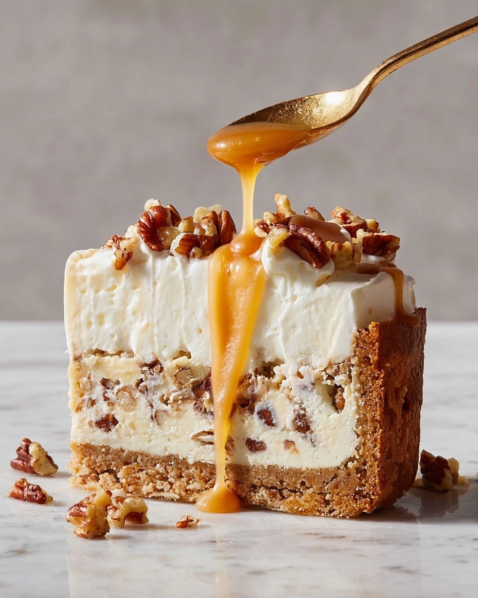 A round cheesecake is shown with three slices taken out, sitting on a dark round pan placed on a white marbled surface. The cheesecake has three visible layers: a light brown crumbly crust at the bottom, a smooth creamy pale yellow middle layer with small darker specks in it, and a fluffy white whipped cream layer spread unevenly on top. Over the whipped cream and cheesecake are drizzles of golden syrup and scattered pieces of pecan nuts. Crumbs and nut pieces are scattered around the pan on the white marbled surface. photo taken with an iphone --ar 4:5 --v 7