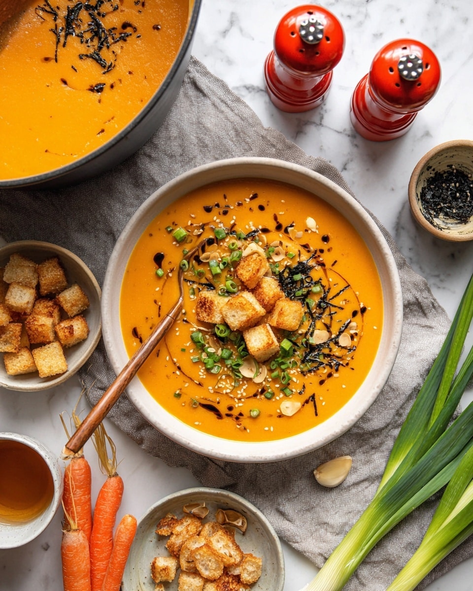 A white bowl holds bright orange smooth soup, topped with three golden croutons in the center, scattered green chopped scallions, thin light tan garlic chips, small black sesame seeds, and thin dark seaweed pieces, with a drizzle of dark oil around the toppings. A wooden spoon rests inside the bowl with its light handle extended out at the bottom left. Around the bowl, fresh whole carrots and green scallions lay on a soft grey cloth on a white marbled surface. Nearby are small bowls filled with toasted garlic slices, golden croutons, and a small cup with dark liquid, along with two clear glass salt and pepper shakers with red tops. The upper left corner partially shows a large pot filled with the same orange soup. Photo taken with an iphone --ar 4:5 --v 7