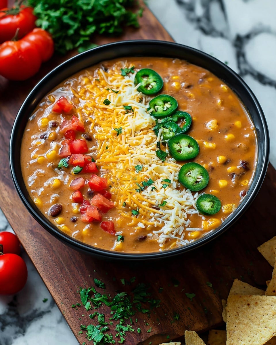 A close-up of a bowl with thick, creamy brown soup as the base, filled with black beans, red bell pepper pieces, and chunks of corn, topped with white and yellow shredded cheese scattered on the surface. There are dollops of white sour cream, green jalapeño slices, and small green cilantro leaves on top, adding fresh colors. A woman's hand is holding a shiny silver spoon scooping a portion of the soup, showing the mix of all the colorful ingredients with a creamy texture. The bowl is white and sits on a white marbled surface. Photo taken with an iphone --ar 4:5 --v 7