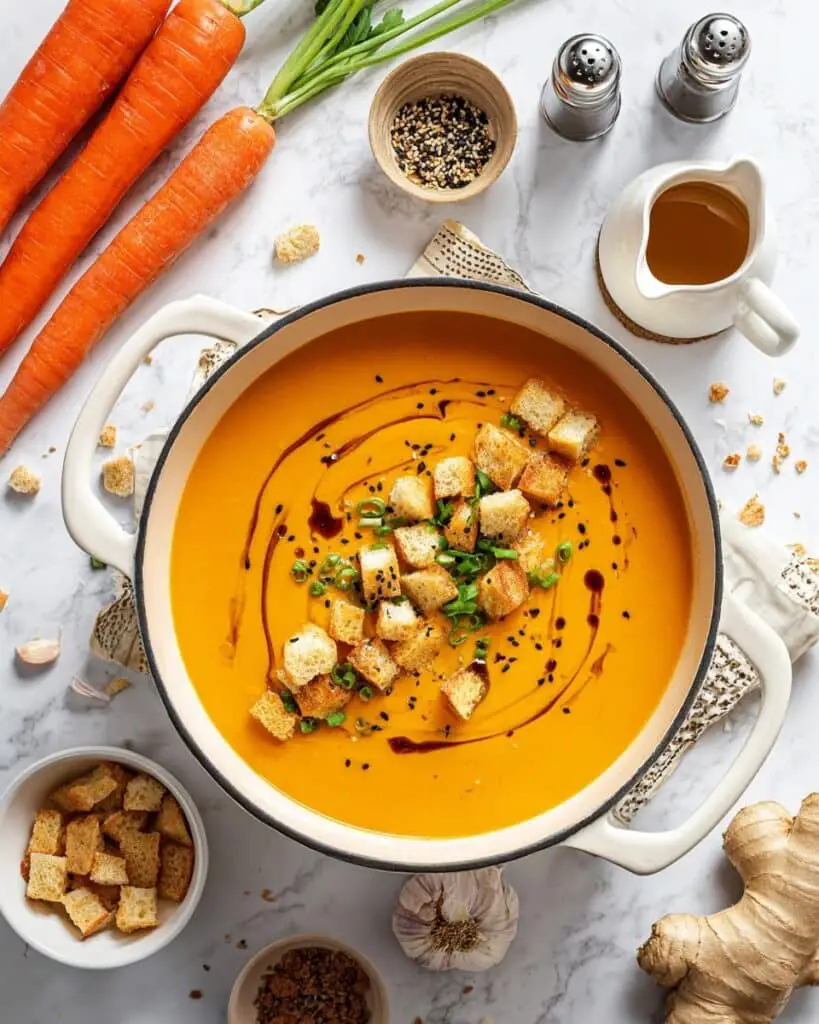 Carrot Ginger Soup with Crispy Garlic and Sesame Croutons Recipe