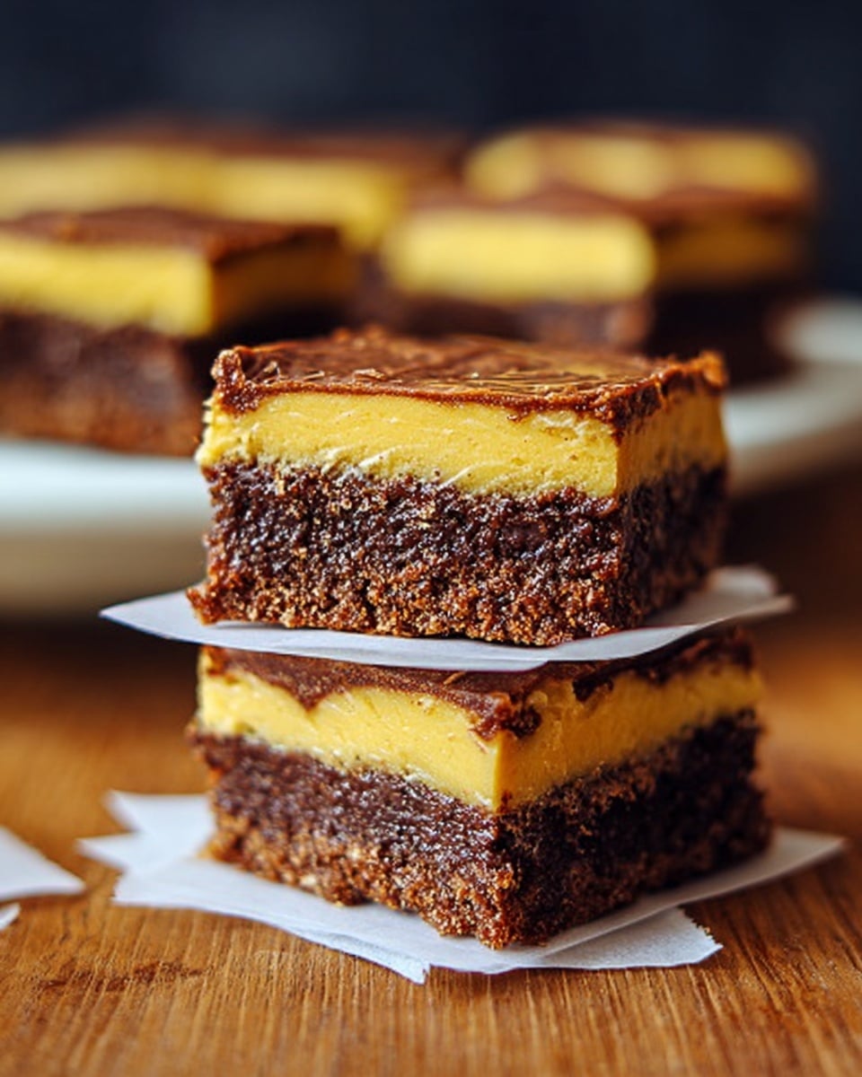 The image shows a stack of three square dessert bars with two layers each: a bottom dark brown chocolate layer with a crumbly texture, and a top golden yellow layer with a smooth, creamy finish. Each bar is separated by a thin square of white paper. The stack is placed on a wooden surface with a blurred darker background, and there is another white plate with more bars in the background out of focus. photo taken with an iphone --ar 4:5 --v 7