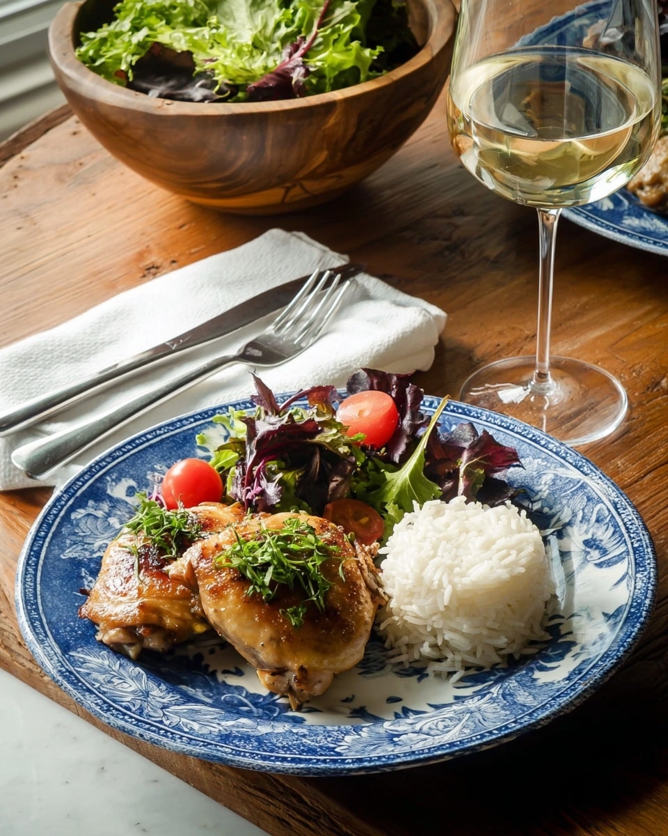 A white marbled textured table holds a white napkin with a shiny knife and fork on it. On a white plate with detailed blue floral patterns, there are two golden brown cooked chicken pieces topped with fresh green herbs. Next to the chicken is a neat mound of white rice. Alongside the rice, there is a fresh salad made of mixed green and purple leaves along with small red cherry tomatoes. Behind the plate, there's a wooden bowl filled with more green salad leaves. To the right, a glass of white wine catches the light. photo taken with an iphone --ar 4:5 --v 7