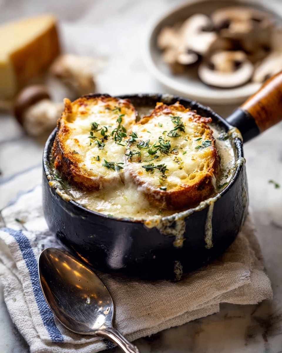 The image shows a small black pot with a wooden handle filled with a soup topped with two thick pieces of toasted bread that are golden brown on the edges and covered with melted cheese and small green herbs on top. The soup appears creamy and slightly bubbling around the edges of the bread. The pot is placed on a white cloth with blue stripes, on a white marbled surface. Next to the pot is a silver spoon, and in the blurred background, there is a white bowl with some pieces of mushrooms and a slice of bread. Photo taken with an iphone --ar 4:5 --v 7