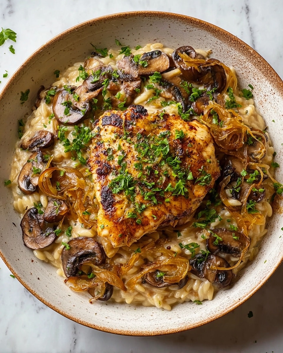 A white speckled bowl sits on a white marbled surface, filled with a creamy light beige orzo base mixed with sliced brown mushrooms. On top, golden caramelized onion strips are spread evenly around the dish. In the center rests a grilled, golden brown piece of chicken, garnished with fresh green herbs sprinkled all over. The textures vary from creamy and smooth orzo to soft mushrooms and onions with the chicken showing crisp grill marks. Photo taken with an iphone --ar 4:5 --v 7