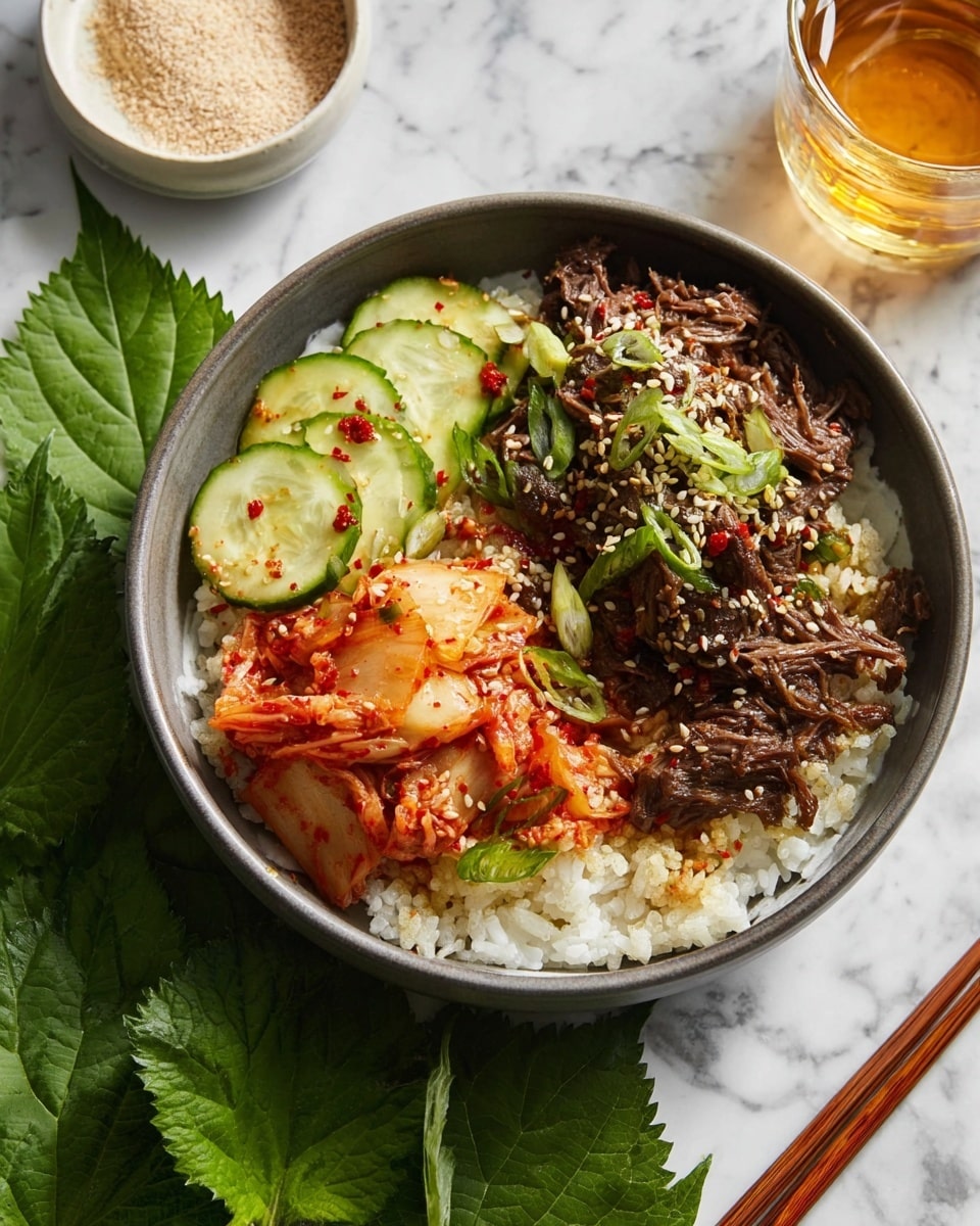 The dish shows a bowl with three main layers: at the bottom is a bed of white rice that fills most of the bowl; on one side, there is a bright red-orange kimchi pile with a moist, slightly wrinkled texture; next to it are thin slices of light green cucumber sprinkled with small red chili flakes. On the other side, a generous amount of dark brown shredded meat is placed, topped with white sesame seeds and pieces of chopped green onions. The bowl rests on a white marbled surface, accompanied by green leaves under the bowl and in the background, a small white bowl with light brown powder and a glass of light amber liquid with wooden chopsticks nearby. Photo taken with an iphone --ar 4:5 --v 7