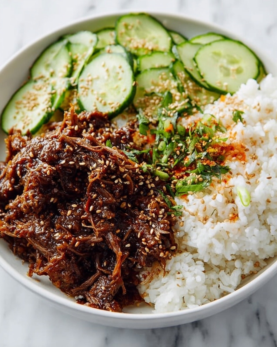 A white plate filled with three main sections arranged side by side on a white marbled surface. On the left, thin slices of cucumber, light green with a slightly shiny texture, are layered overlapping each other. In the middle, there is a pile of white steamed rice with soft and separate grains. On the right, shredded brown meat covered in a rich dark brown sauce with a glossy look sits on top of the rice. The meat is sprinkled with small beige sesame seeds, adding texture and detail. A few small green herb bits are mixed into the meat layer, giving a fresh contrast. Photo taken with an iphone --ar 4:5 --v 7
