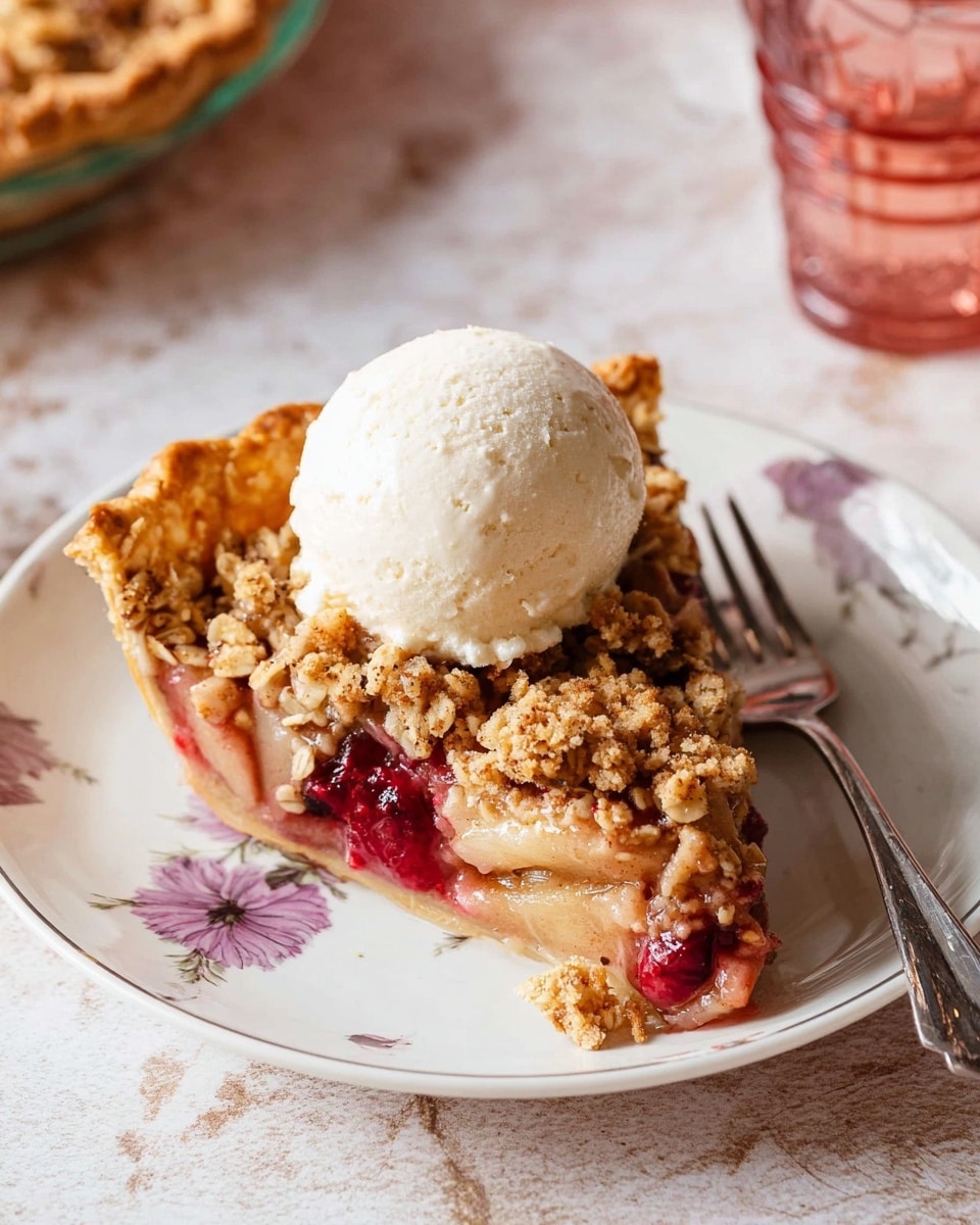 A slice of pie with a thick golden crust forms the bottom layer, topped with juicy, soft apple and cranberry filling visible with red and light brown colors. Above the fruit layer is a crumbly oat and brown sugar streusel, textured with small clusters and oats. On top of the streusel, there is a rounded scoop of creamy white ice cream starting to melt slightly. The pie slice rests on a white plate with a faint purple floral design, placed on a white marbled surface. A silver fork lies next to the plate, and a glass with a pinkish liquid is visible in the background. photo taken with an iphone --ar 4:5 --v 7
