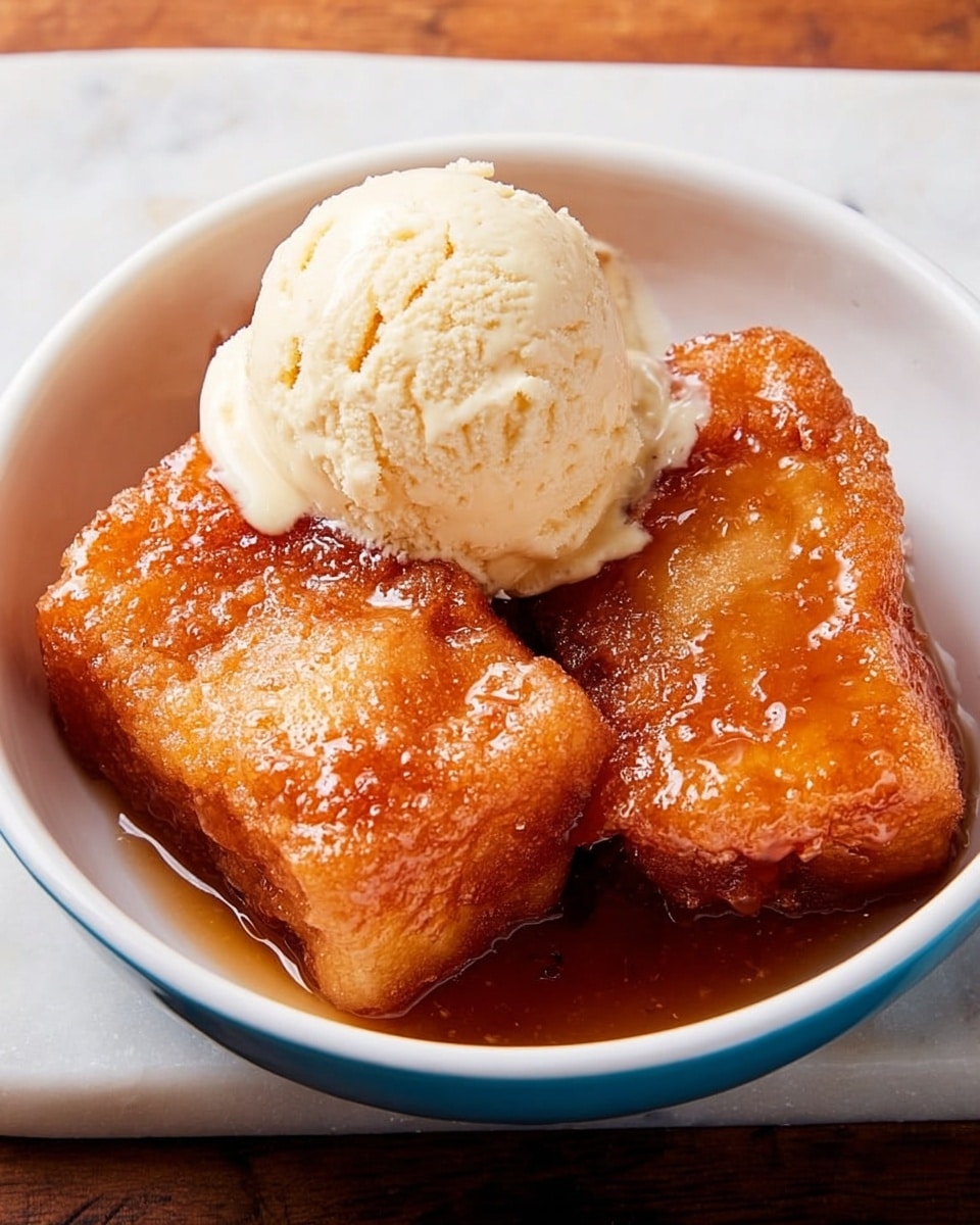 A white bowl is filled with two golden-brown, syrup-coated fried squares placed side by side, showing a shiny, sticky texture. On top of the left piece, there is a scoop of pale creamy white ice cream with a soft and slightly rough texture, contrasting with the glossy fried squares below. The bowl sits on a white marbled surface. photo taken with an iphone --ar 4:5 --v 7