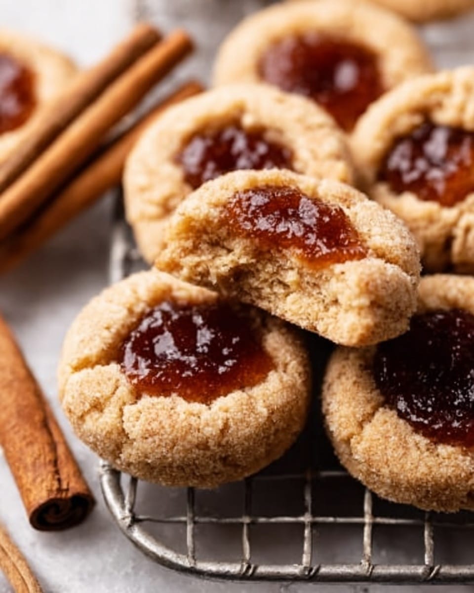 A group of small, round cookies with a light brown, crumbly texture sits on a metal cooling rack over a white marbled surface. Each cookie has a deep amber-colored jam filling in the center that looks thick and smooth. One cookie is broken in half, showing a soft, crumbly inside and jam spread in the middle. In the background, two cinnamon sticks lie next to the cookies, adding a warm touch to the scene. The photo captures a close-up view of the cookies, highlighting their texture and rich filling. photo taken with an iphone --ar 4:5 --v 7