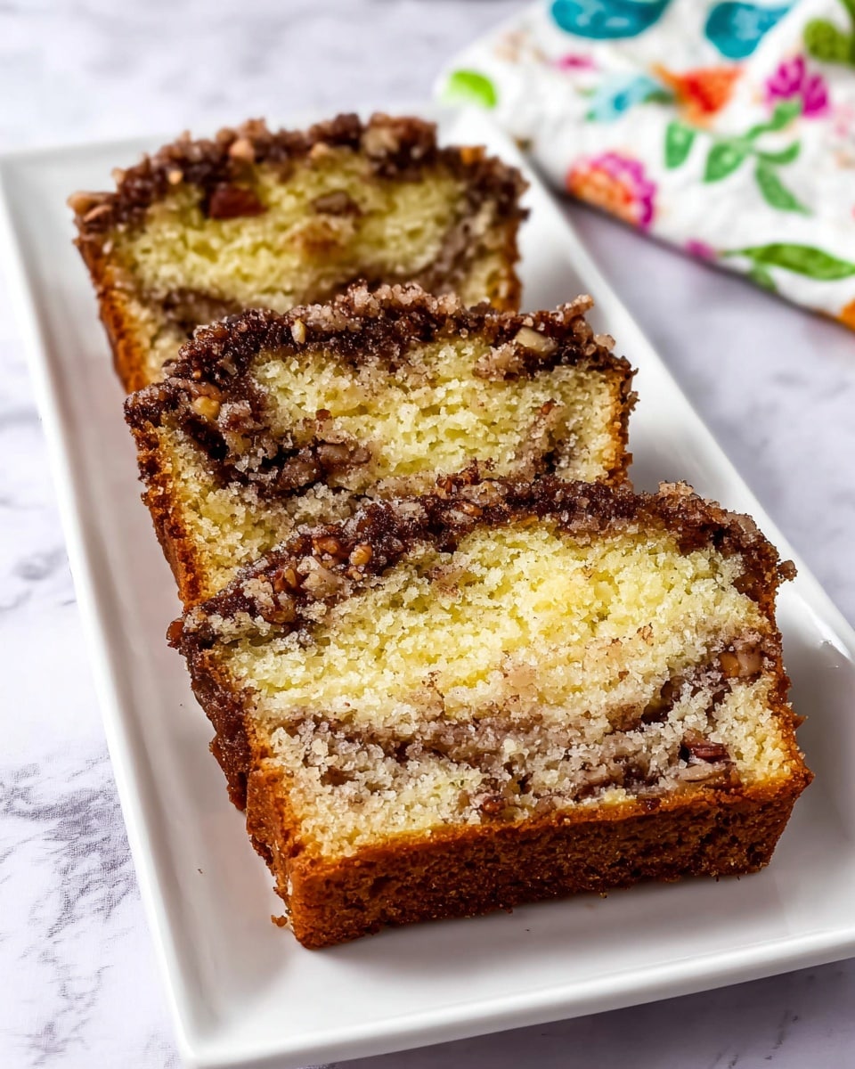 Three thick slices of yellow cake with a dark brown, crumbly nut topping are placed side by side on a white rectangular plate. Each slice shows a soft, moist texture with a swirl of cinnamon and pieces of nuts mixed inside. The edges are golden brown and slightly crisp. The plate is set on a white marbled surface with a white cloth featuring a colorful floral pattern in the background. Photo taken with an iphone --ar 4:5 --v 7