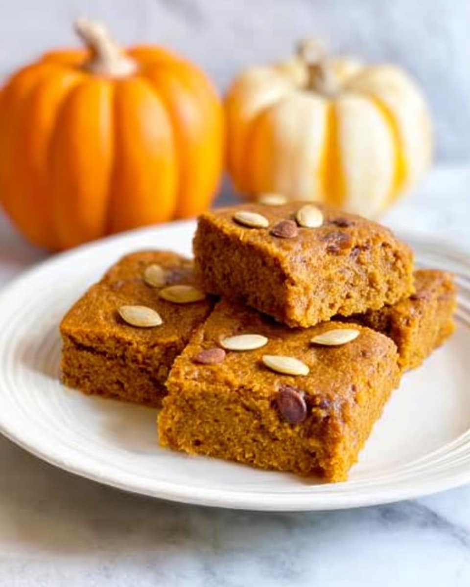 Three square pieces of pumpkin dessert with a soft, moist texture are placed on a white plate. Each piece is topped with a few whole pumpkin seeds scattered on the surface. The dessert has a warm orange-brown color, showing a dense and rich inside. Behind the plate, two small pumpkins in orange and pale yellow sit on a white marbled surface, adding a cozy fall feeling. The photo taken with an iphone --ar 4:5 --v 7