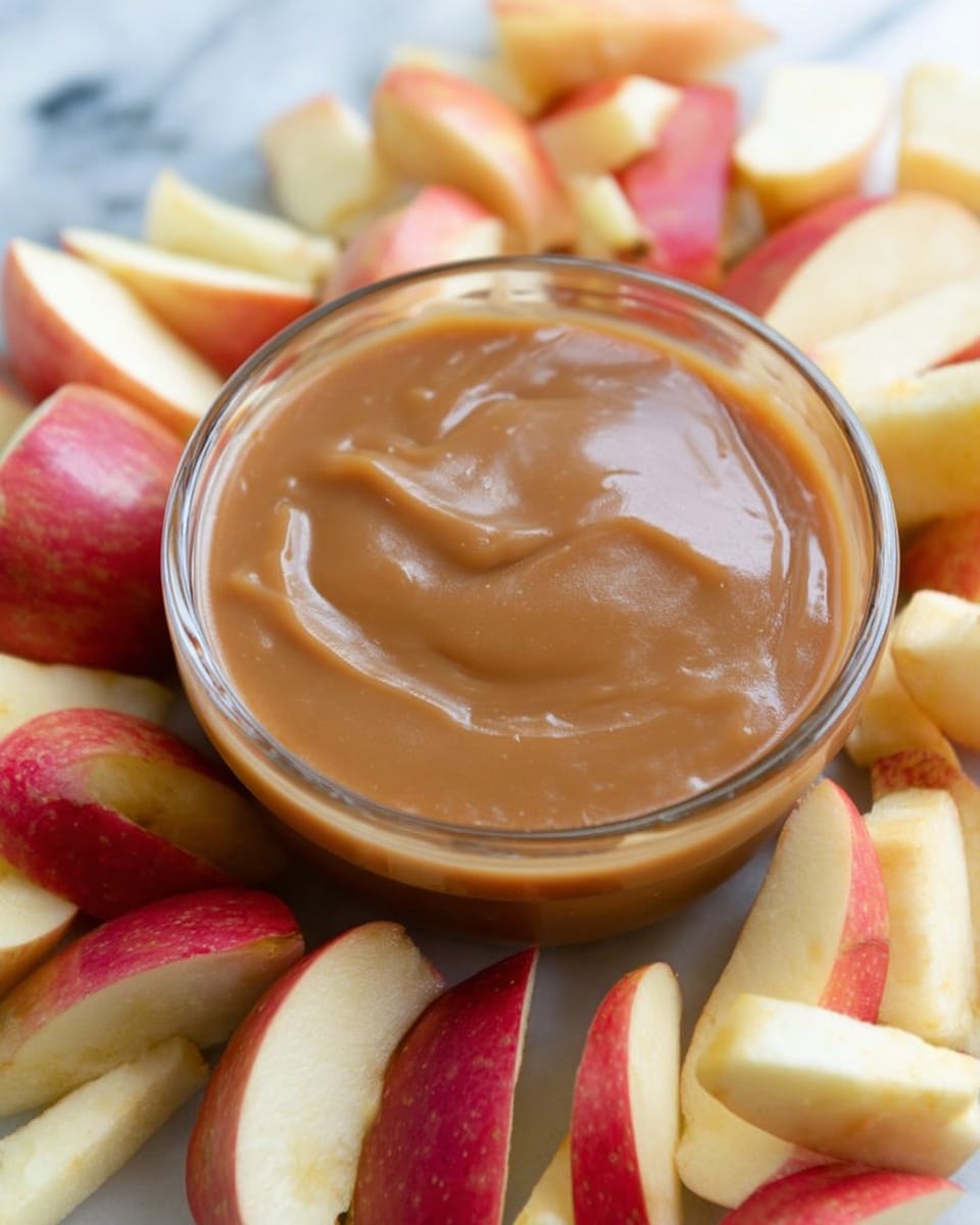 A clear glass bowl filled with smooth, light brown caramel sauce sits in the center, surrounded by several slices of fresh apples arranged closely around the bowl's edge. The apple slices show their red and yellow skin with creamy white inside, providing a colorful contrast to the caramel. The entire setup rests on a white marbled surface, adding a clean and bright look to the image. Photo taken with an iphone --ar 4:5 --v 7