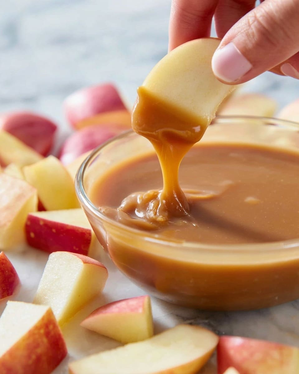 A close-up image shows a woman's hand dipping a peeled, light yellow apple slice into a smooth, glossy light brown caramel sauce in a clear glass bowl. The caramel sauce covers the apple slice halfway, with a thick drip hanging down. Around the bowl, there are scattered red and yellow apple wedges with white flesh on a white marbled surface. Photo taken with an iphone --ar 4:5 --v 7