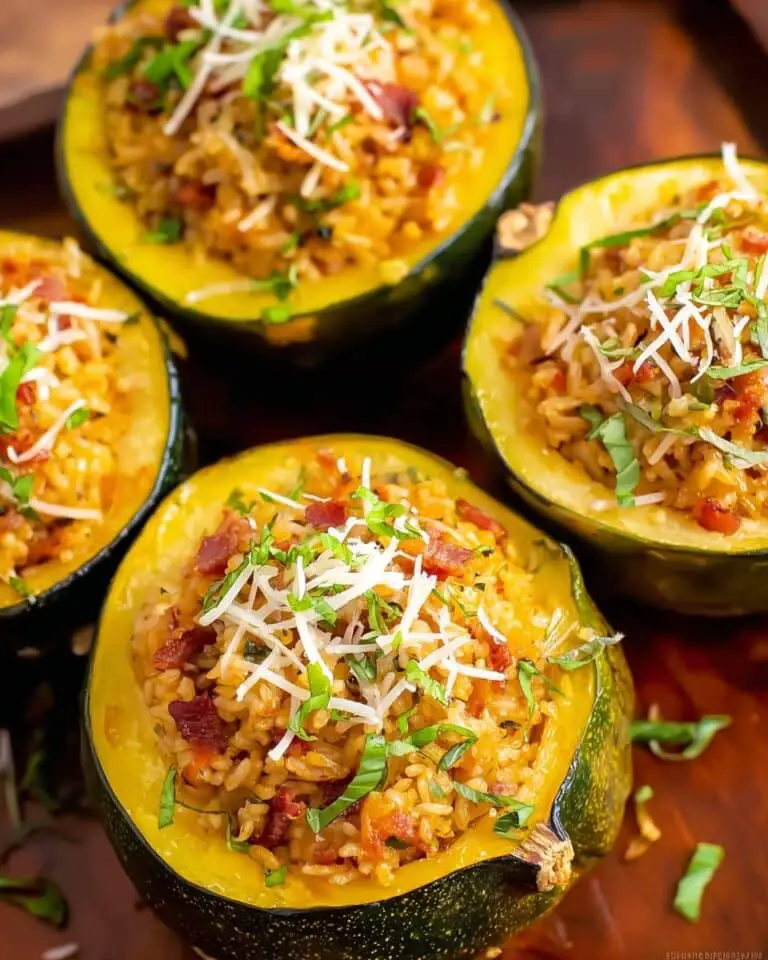 Stuffed Acorn Squash with Farro, Bacon, and Parmesan Recipe