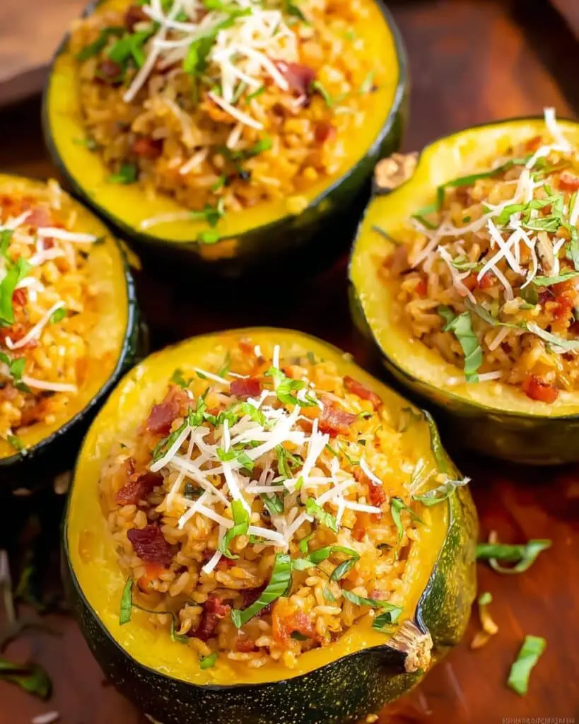 Stuffed Acorn Squash with Farro, Bacon, and Parmesan Recipe