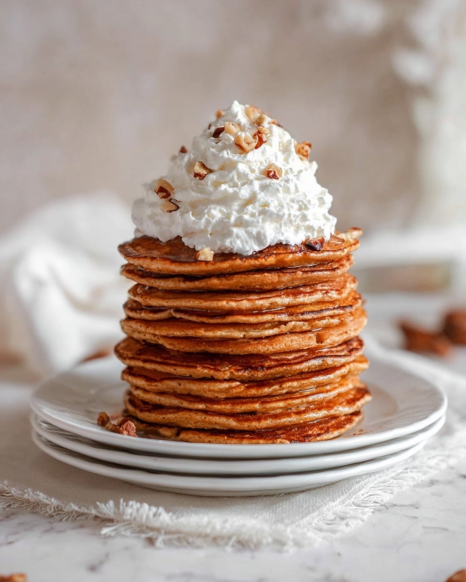 A tall stack of eleven round, golden-brown pancakes sits centered on a white plate, which rests on a second white plate. Each pancake has a slightly uneven, soft texture with some darker spots from cooking. On top of the stack is a generous swirl of white whipped cream, sprinkled with small chunks of chopped nuts that add a bit of texture and color contrast. The stack is placed on a white marbled surface with a slightly frayed white cloth underneath the plates, and the background is softly blurred with light neutral tones. photo taken with an iphone --ar 4:5 --v 7