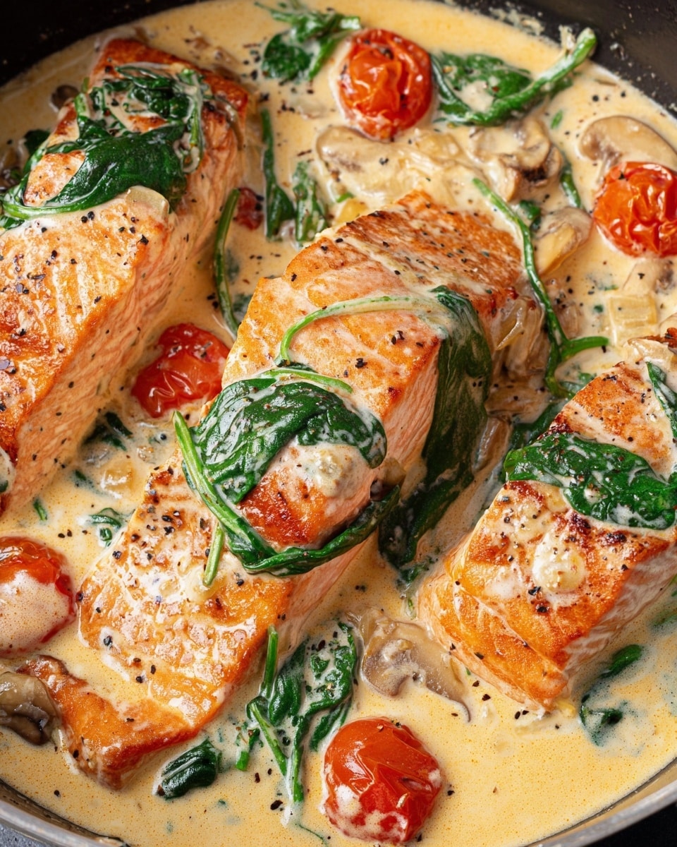 The image shows a black skillet filled with four thick, orange salmon fillets partly covered by a creamy, light beige sauce. The sauce has visible green spinach leaves and dark brown sun-dried tomato pieces and whole cherry tomatoes scattered around. The texture of the sauce is smooth and rich, surrounding the salmon evenly. The skillet rests on a white marbled surface with a white cloth with blue stripes in the background. Photo taken with an iphone --ar 4:5 --v 7