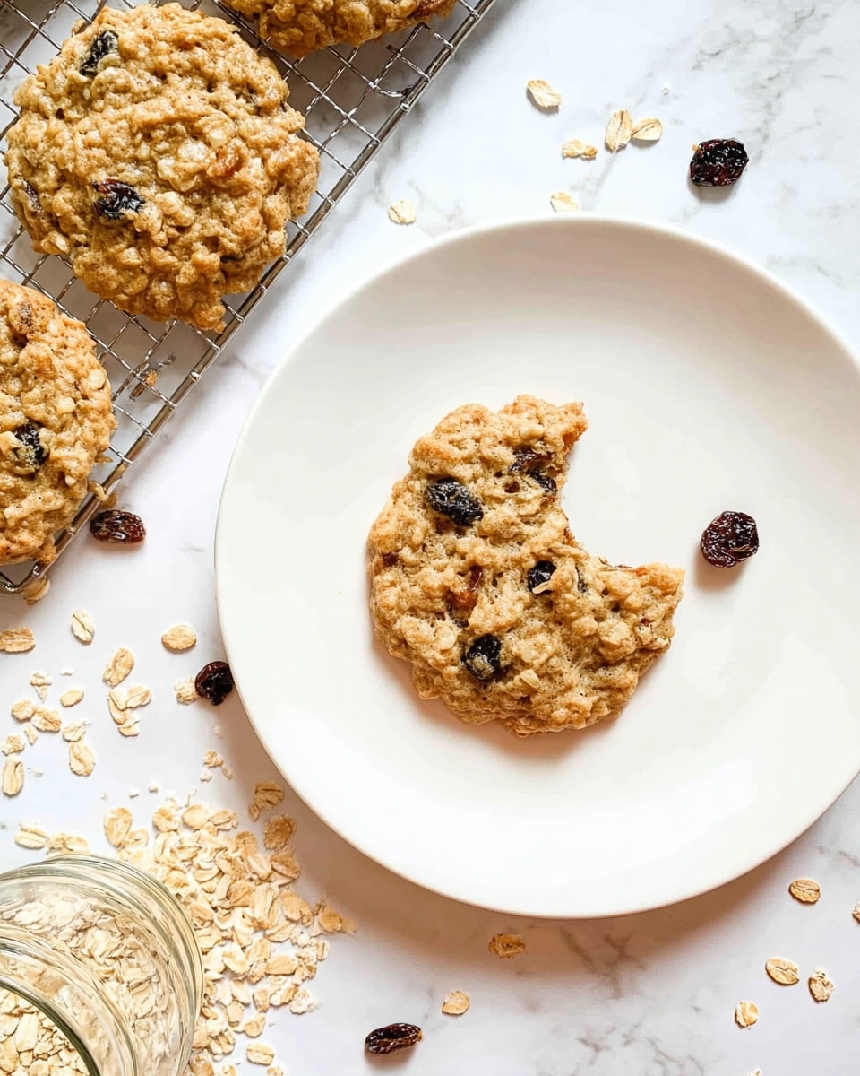 A white plate on a white marbled surface holds one oatmeal raisin cookie with a bite taken out from the right side, showing a textured inside with oats and raisins. Around the plate, scattered oats and raisins add detail. To the left, a cooling rack holds three more oatmeal raisin cookies, all golden brown with rough, bumpy textures from the oats and dark raisins spread evenly throughout. Some uncooked oats spill from an overturned glass jar in the bottom left corner. photo taken with an iphone --ar 4:5 --v 7