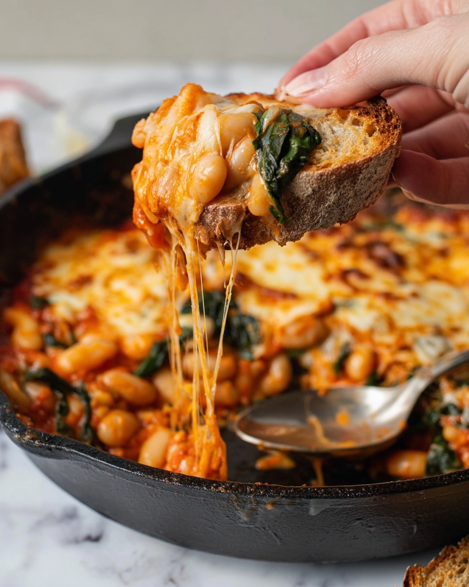 A woman's hand is holding a piece of rustic bread with a scoop of cheesy baked dish on top, showing melted, stretchy cheese pulling away from the piece. The dish has layers starting with white beans and dark green leafy spinach at the bottom, covered by bright orange-red tomato sauce and melted golden cheese with some browned spots. The background shows a black skillet filled with the same baked mixture of beans, spinach, tomato sauce, and cheese, with a silver spoon resting inside. The scene is set on a white marbled surface. photo taken with an iphone --ar 4:5 --v 7