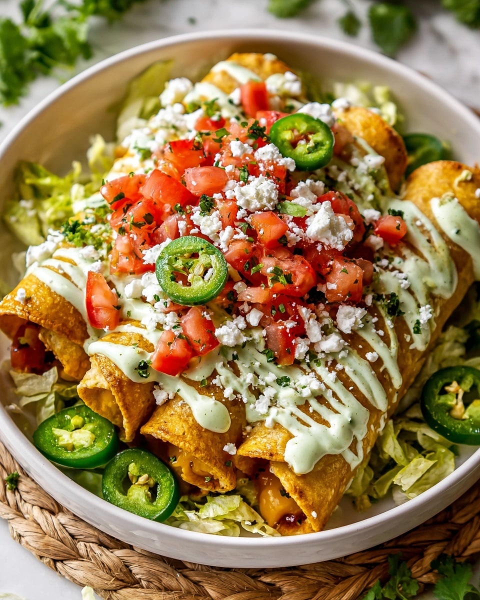 The dish shows a white bowl filled with about three layers of golden rolled tacos stacked closely. The tacos have a crispy texture with drizzles of white creamy sauce and light green sauce over them. On top, there are bright red diced tomatoes mixed with small bits of green herbs and white crumbled cheese. Around the tacos, there are fresh green jalapeño slices and shredded lettuce, adding a fresh contrast. The bowl sits on a white marbled surface with a woven mat underneath, and some green cilantro leaves are visible at the edge. Photo taken with an iphone --ar 4:5 --v 7