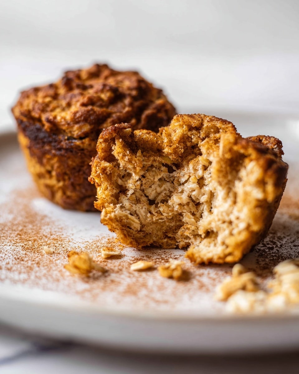 The image shows two oatmeal muffin-like treats on a white plate with a white marbled background. One oatmeal muffin is whole and dark golden brown with a rough, crumbly texture, while the other is broken open, revealing a light beige, dense, and moist inside with visible oats. Small crumbs and bits of oatmeal surround the broken muffin on the plate, which is dusted with a fine layer of cinnamon powder. The lighting highlights the contrast between the dark outer texture and the lighter inner part, giving a warm and homemade feel. Photo taken with an iphone --ar 4:5 --v 7