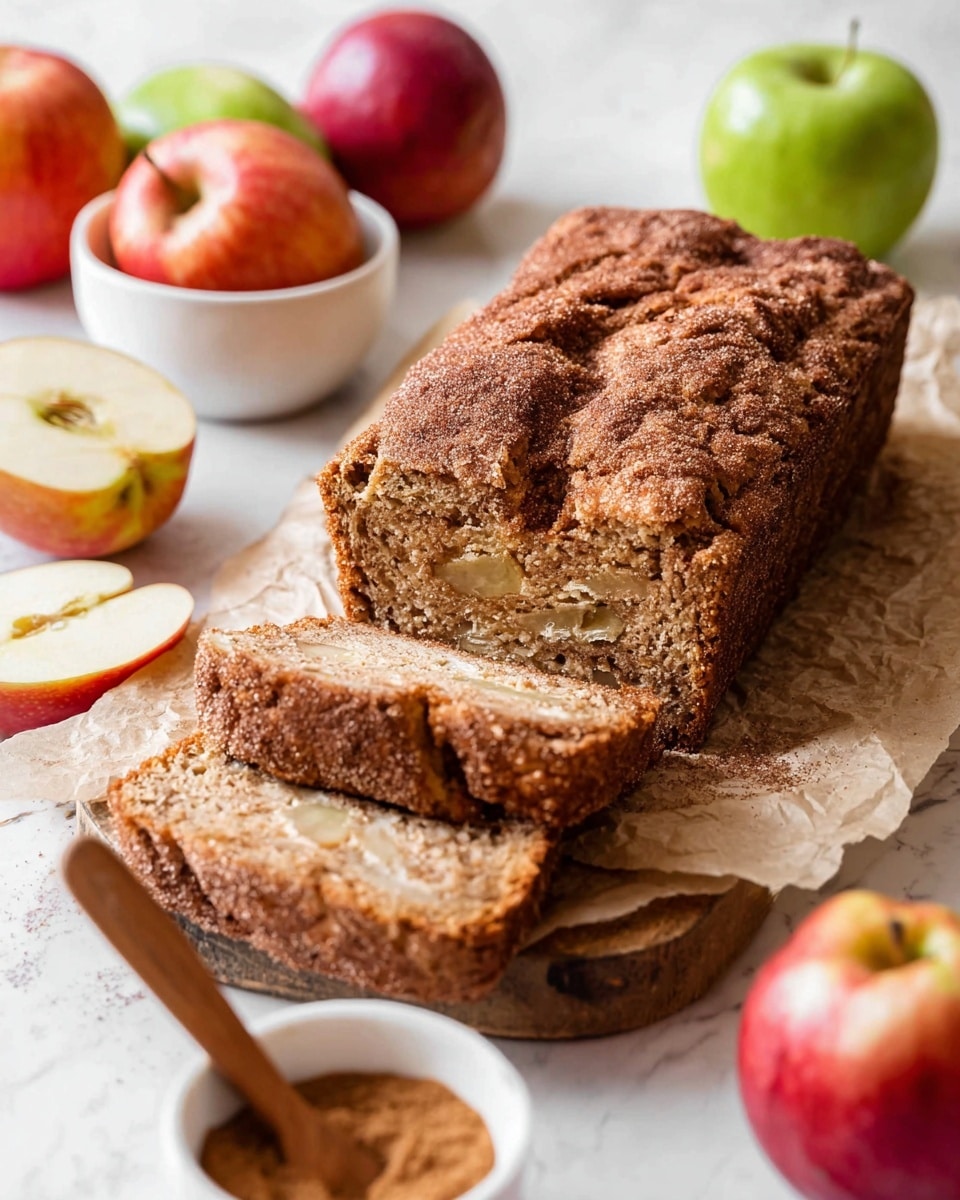 A slice of moist apple cinnamon bread is shown close-up, with a light brown crumb full of small air holes and bits of apple inside. The top has a darker, slightly rough, and crumbly cinnamon sugar crust that covers the entire surface. The bread rests on a piece of parchment paper on a wooden board, with a cinnamon stick lying nearby. The background is softly blurred, showing red and green apples on a white marbled surface. photo taken with an iphone --ar 4:5 --v 7