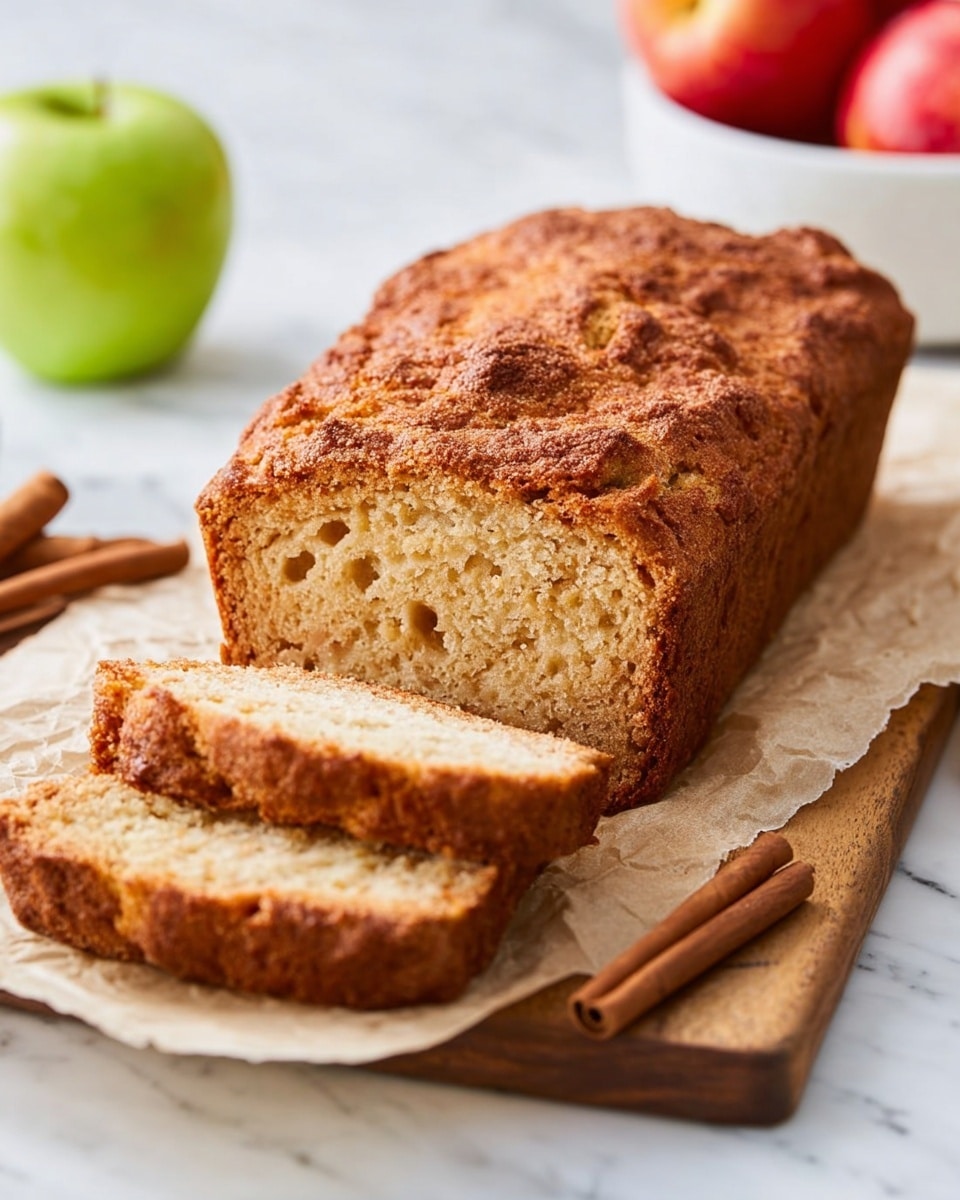 The image shows a golden brown loaf of bread with a rough, crispy top crust, resting on parchment paper over a wooden board on a white marbled surface. The bread has three visible slices in the front with a soft, light tan interior speckled with small holes, giving it a moist look. Near the cutting board, there are two cinnamon sticks lying flat. In the background, there is a green apple to the left and a white bowl filled with red apples to the right, both slightly blurred. The photo taken with an iphone --ar 4:5 --v 7