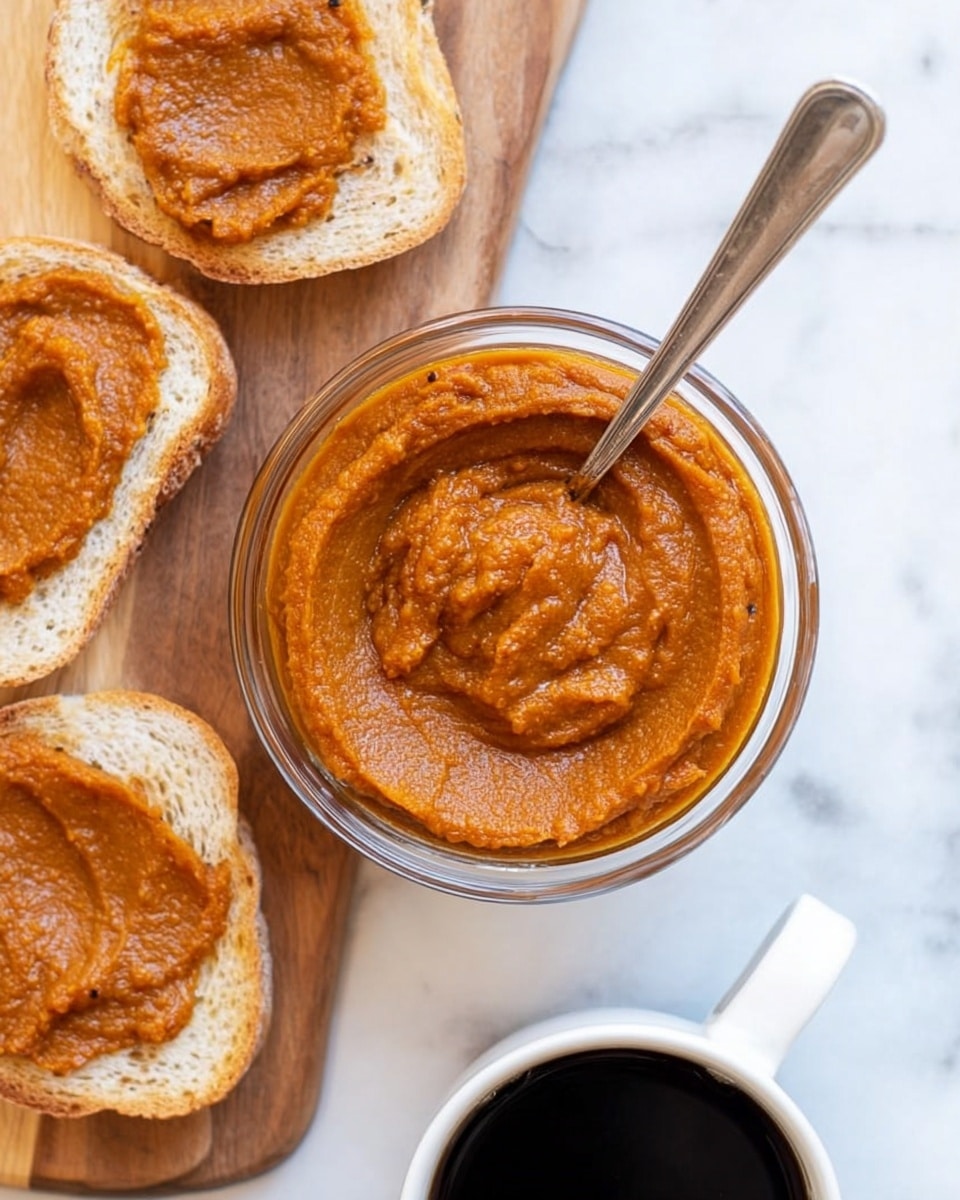 A small clear glass bowl filled with thick, smooth pumpkin spread with a deep orange color, swirling texture on top, and a silver spoon inside resting on the edge. Around the bowl, there are four slices of toasted white bread arranged on a wooden board, each slice evenly covered with the same pumpkin spread. To the right of the bowl, a white cup with a handle is filled with black coffee. All of these items are placed on a white marbled surface. photo taken with an iphone --ar 4:5 --v 7